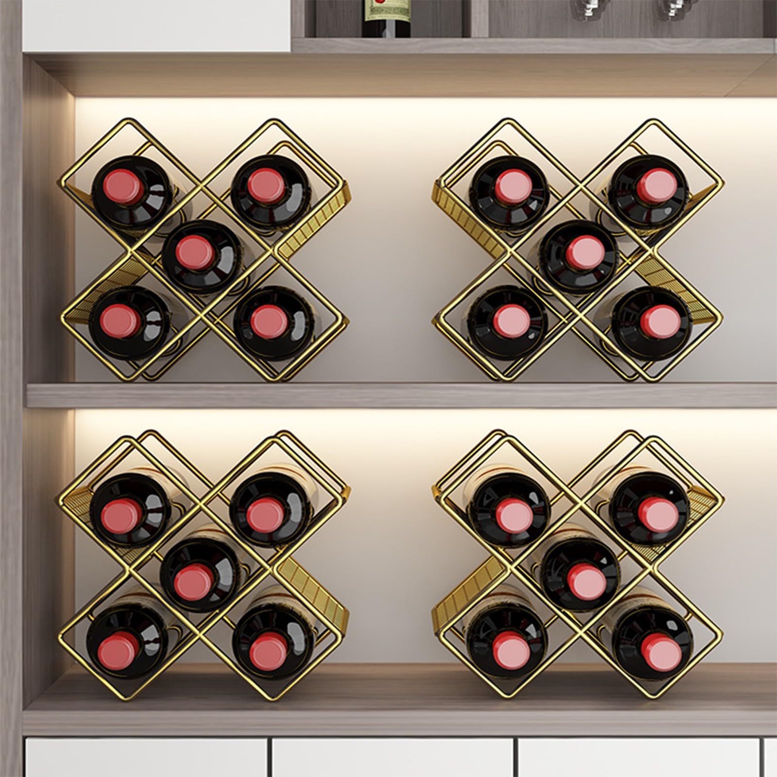 Lot de 2 supports décoratifs élégants en forme de losange en métal pour 5 bouteilles – Présentoir autonome pour la maison, la cuisine, le bar ou la cave – Couleur argentée