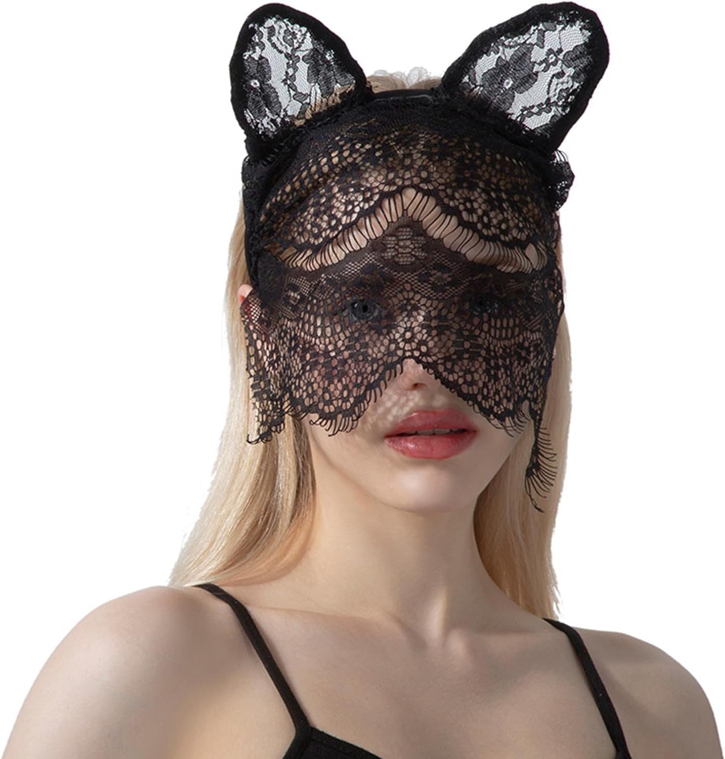 NICENEEDED Lace Skin Mask, Masquerade Headband Hair Hoop Mask, Full Face Mask Party Black Veil Headgear Mesh Headwear Halloween