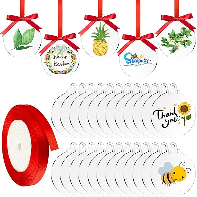 Linkstyle 24 Pcs Clear Round Acrylic Ornaments with 1 Roll of Red Ribbon, Clear Acrylic Christmas Ornaments DIY Classic Blank Holiday Bauble Pendants Decoration for Place Cards, Gift Tag, Crafts