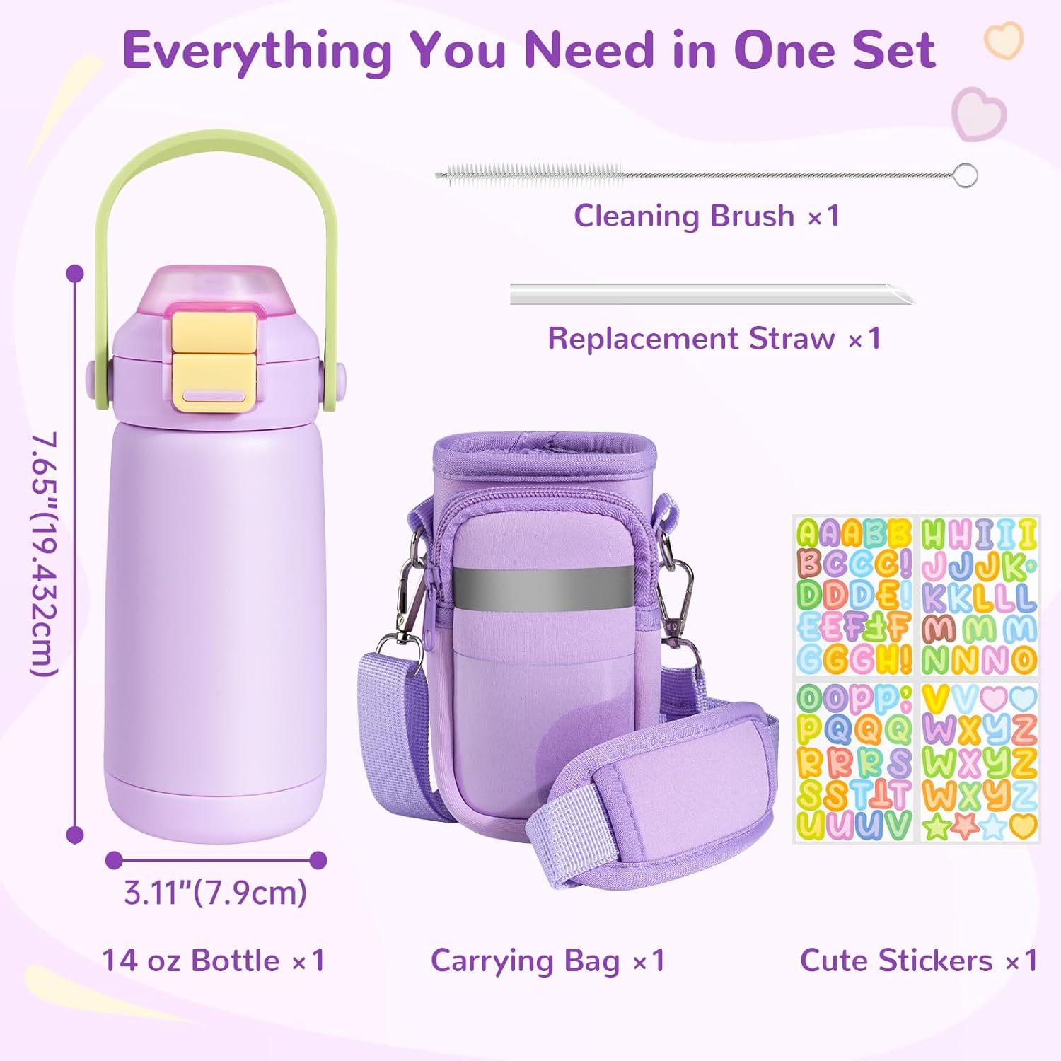 REDSHELL Kids Water Bottle with Carrier Bag, Stainless Steel Toddler Tumbler for School Boys Girls, 14oz Vacuum Insulated Jug with Sling Holder, Cute Sleeve Kid Cup with Straw Lid & Handle, Purple - Image 5