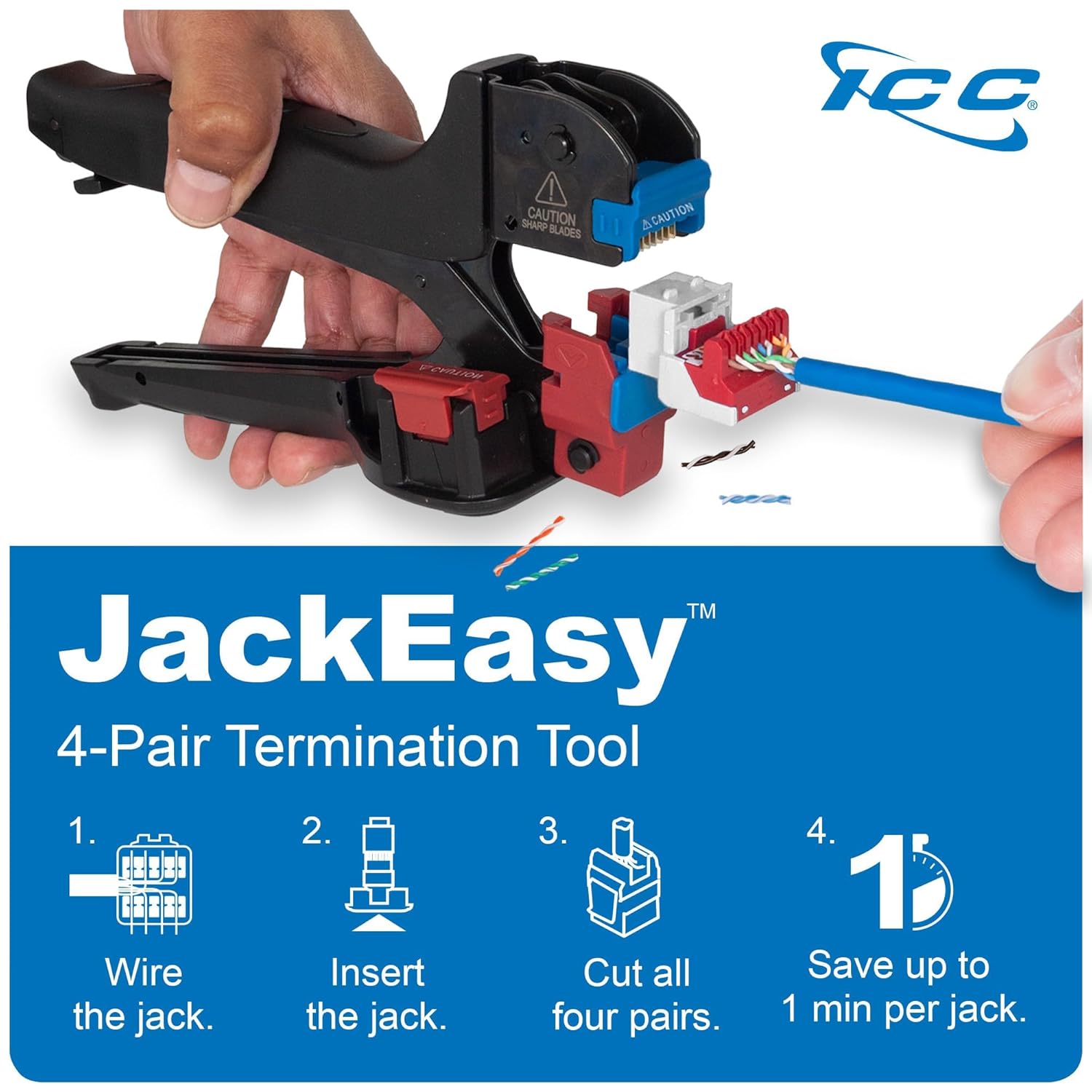 ICC CAT6 Keystone Jack with Inline IDC No Pair Split Wiring (Easier Termination) UL Listed PoE++ TAA Compliant for Wall Plate or Patch Panel, Works with JackEasy Termination Tool, Blue, 25 Pack