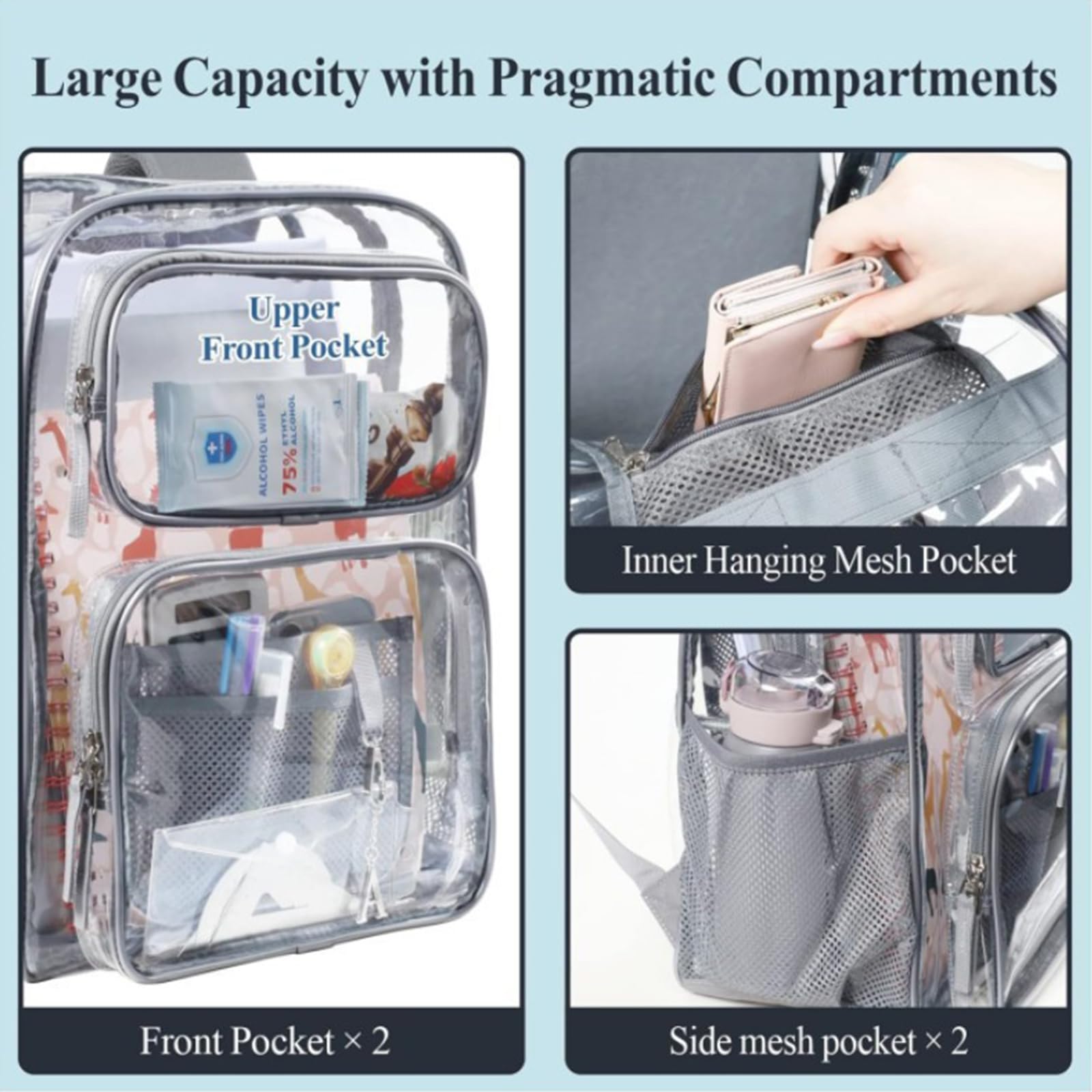 Zaino trasparente Borse per libri scolastici resistenti in PVC trasparente Borsa per lavori universitari Concerti sicurezza per viaggi Borse per libri resistenti capacità