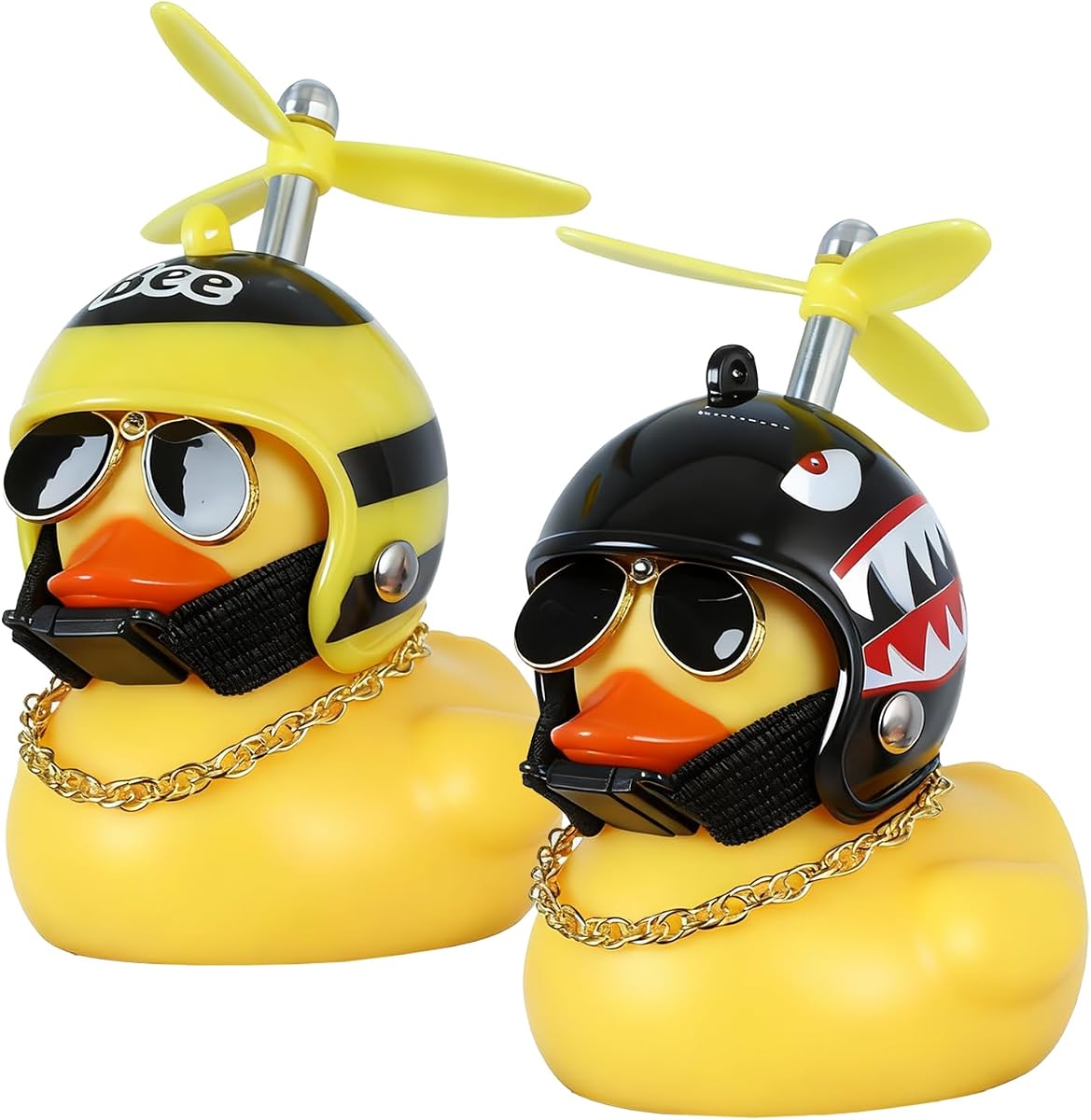 2 Pack Bike Rubber Duck with Propeller Helmet, Bandage, Gold Chain | Squeeze Duck Bicycle Horns with Cool Car Accessories, Funny Dashboard Decor for Car, Motorcycle, Bike Decorations