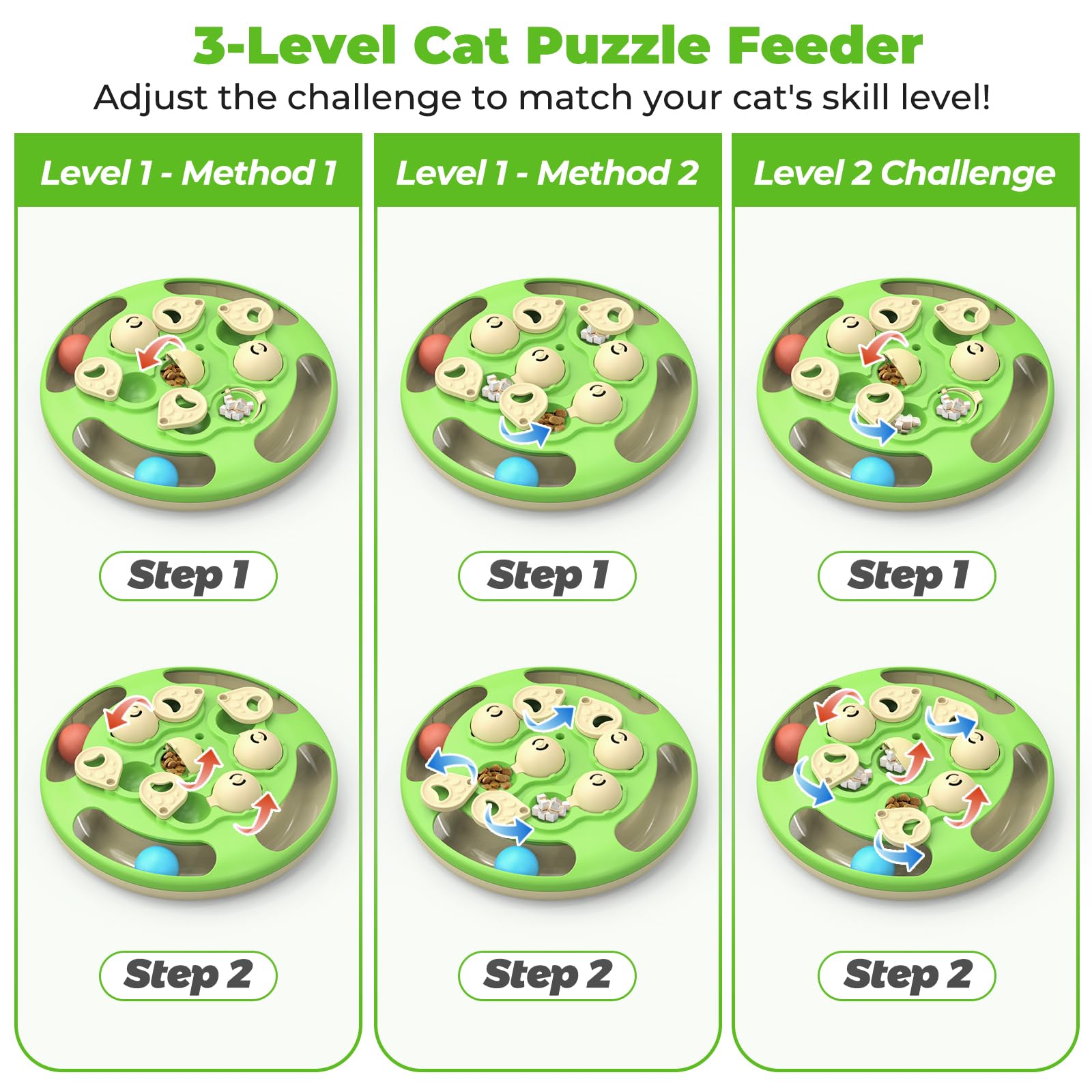 Giocattolo interattivo per gatti, livello 3 in 1, con palline di tracciamento, piuma e mangiatoia, base antiscivolo, arricchimento mentale per gatti da interni, regalo per gattini, verde