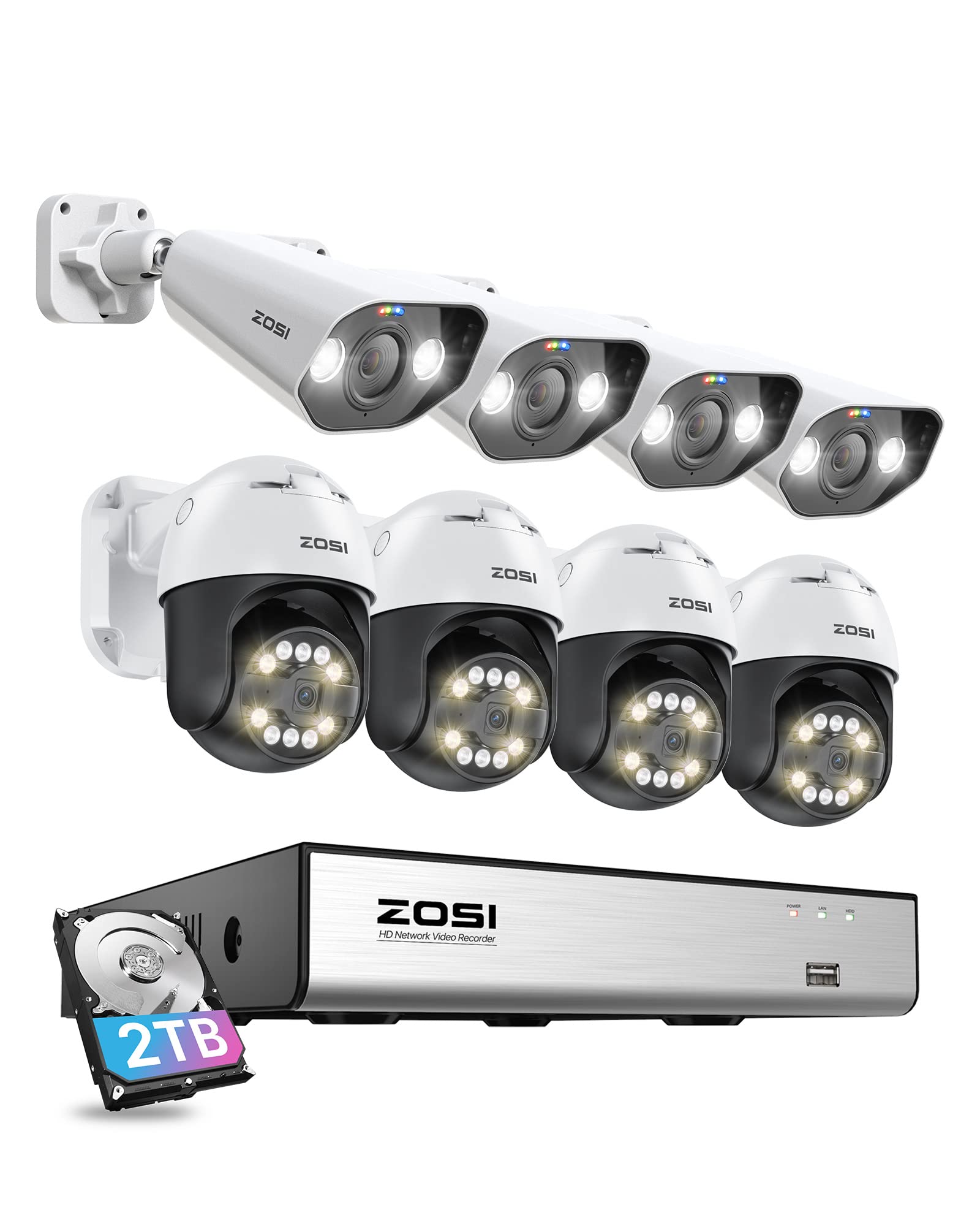 ZOSI 8CH (16CH Expandable) 4K PoE Security Camera System with AI Face Person Vehicle Detection, 8 Wired 5MP 3K Outdoor PT Bullet PoE IP Cameras, 2-Way Audio, 5X Digital Zoom, 2TB HDD, 24/7 Recording