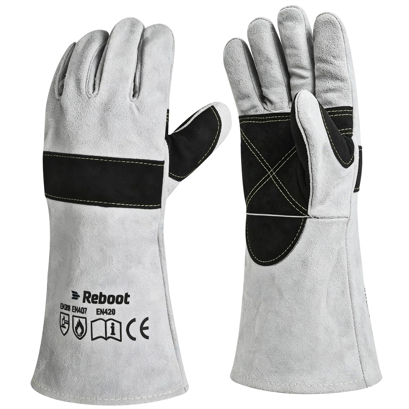 Reboot Gants de Soudure, Cuir Résistant 500°C, Protection Avant-Bras 38 cm, Coutures Doubles Renforcées pour MIG TIG MMA Barbecue Forge – Gris