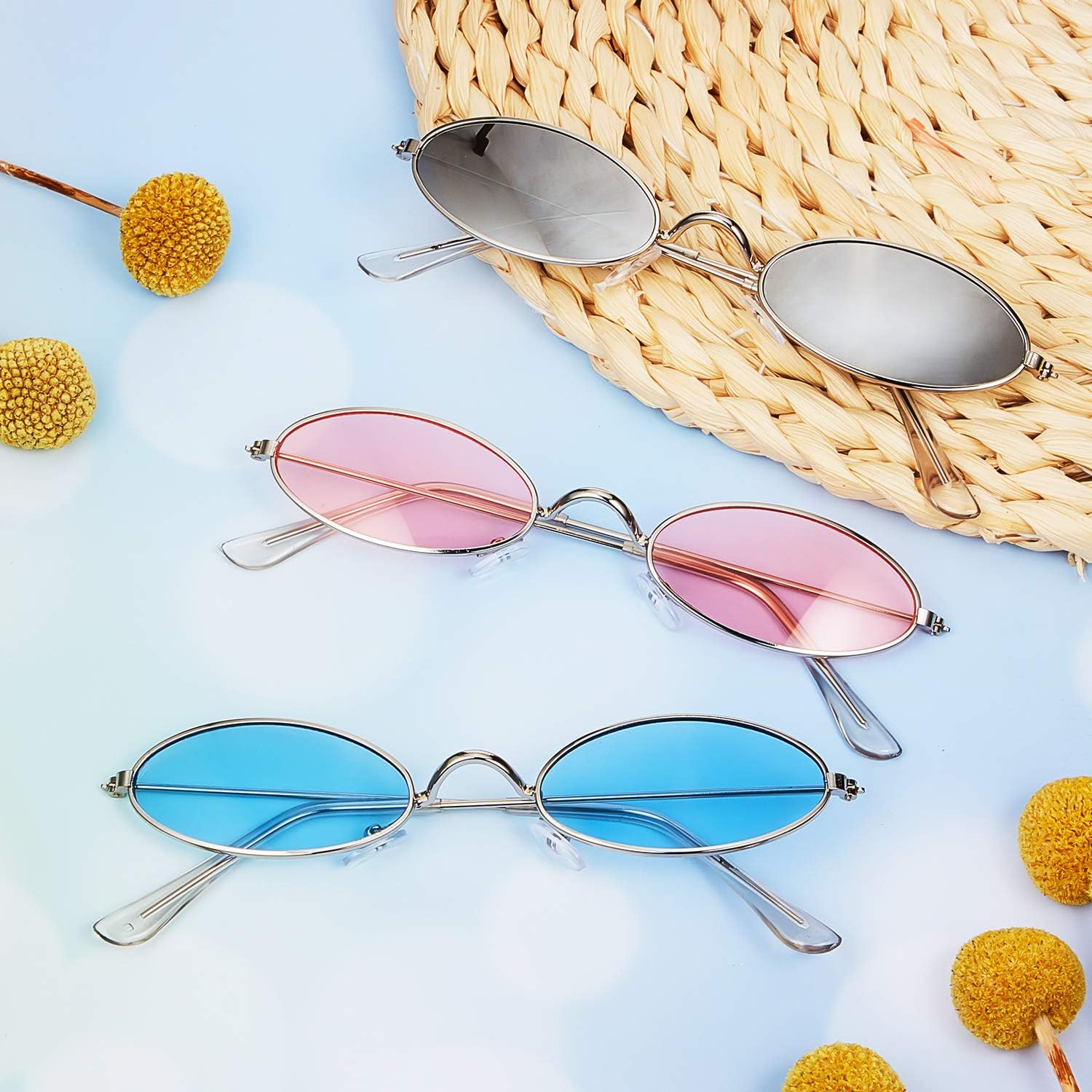 3 Pieces Vintage Oval Sunglasses Retro Slender Metal Frame Oval glasses Small Vintage Sunglasses Candy Colors for Men Woman - Image 4