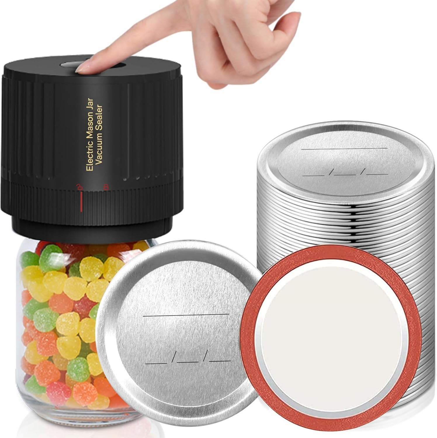 Electric Mason Jar Vacuum Sealer Kit & Mason Jar Lids and Rings 48Pcs/24 Sets for Wide Mouth