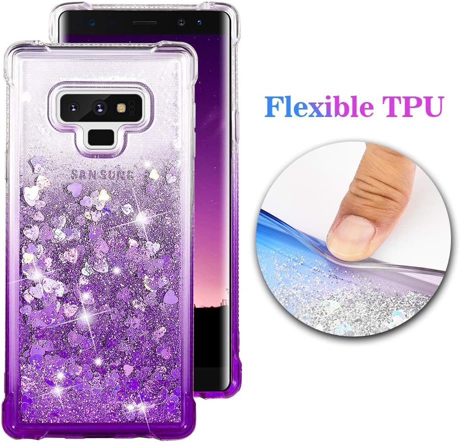 Ruky Galaxy Note 9 Case, Galaxy Note 9 Glitter Case, Gradient Quicksand Series Reinforced Corners TPU Bumper Cushion Protective Shockproof Bling Heart Liquid Case for Galaxy Note 9, Gradient Purple