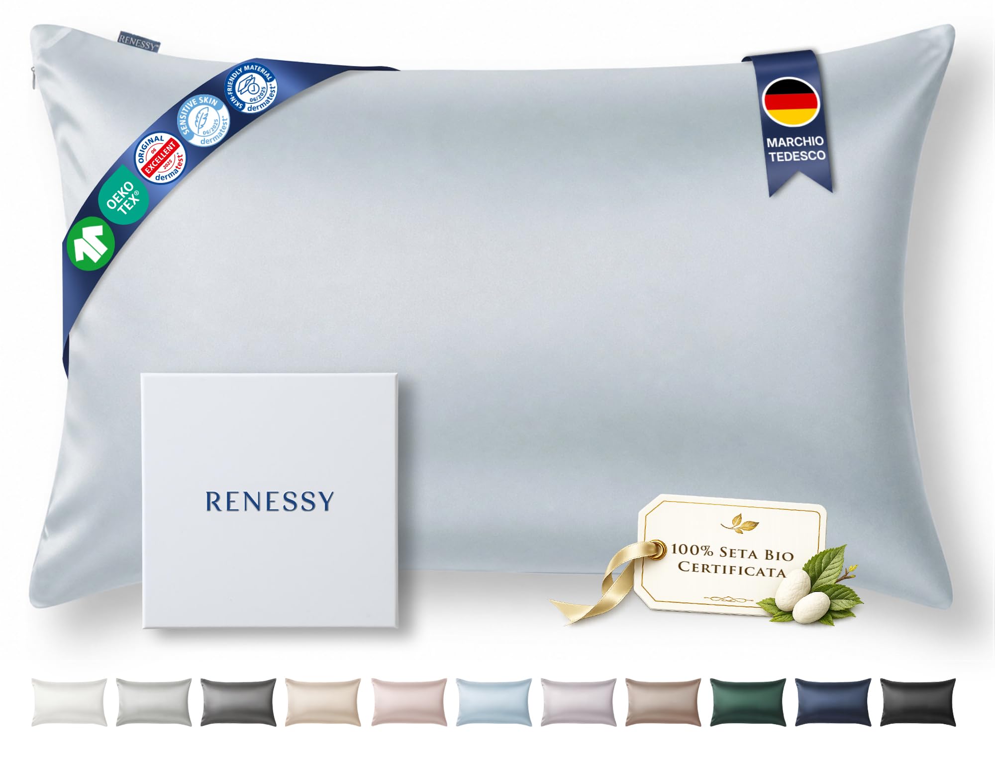 Federa in Seta 100% Bio 50x75 cm - 22 Momme Seta di Gelso, Grado 6A, Certificata Oeko-Tex in Germania - Lusso per i Capelli e la Pelle, 1 Pezzo (Blu Nuvola)
