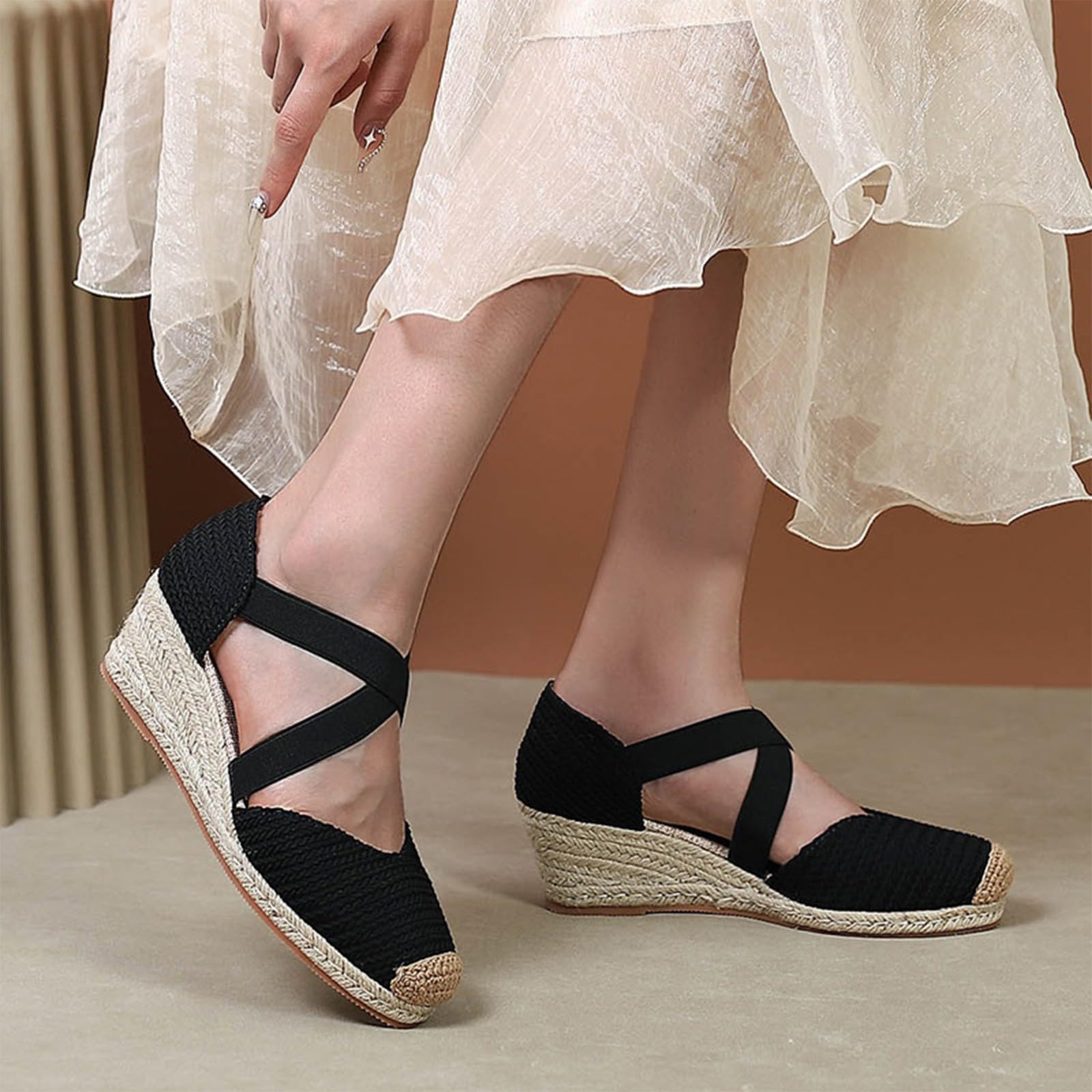 Genérico Sandalias Negras Comodas Zapatos Ortopedicos Mujer Sandalias de Esparto para Mujer,con Puntera Cerrada Y,Estilo Casual Sandalia Tacon Zapatillas Ortopedicas Verano