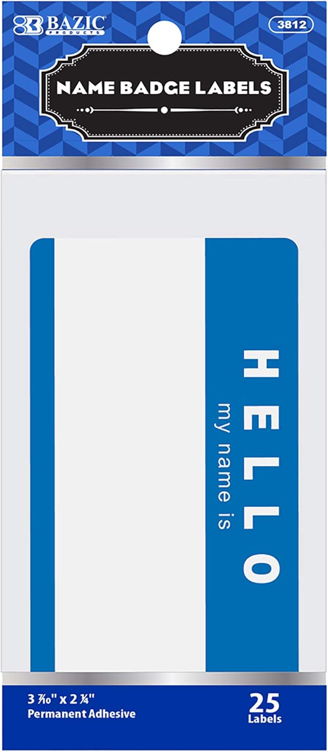 BAZIC Products Name Badge Label 3 7/10" x 2 1/4", "Hello My Name is Self Adhesive Name Tag Stickers, Personalized Name Tags (25/Pack), 24-Packs