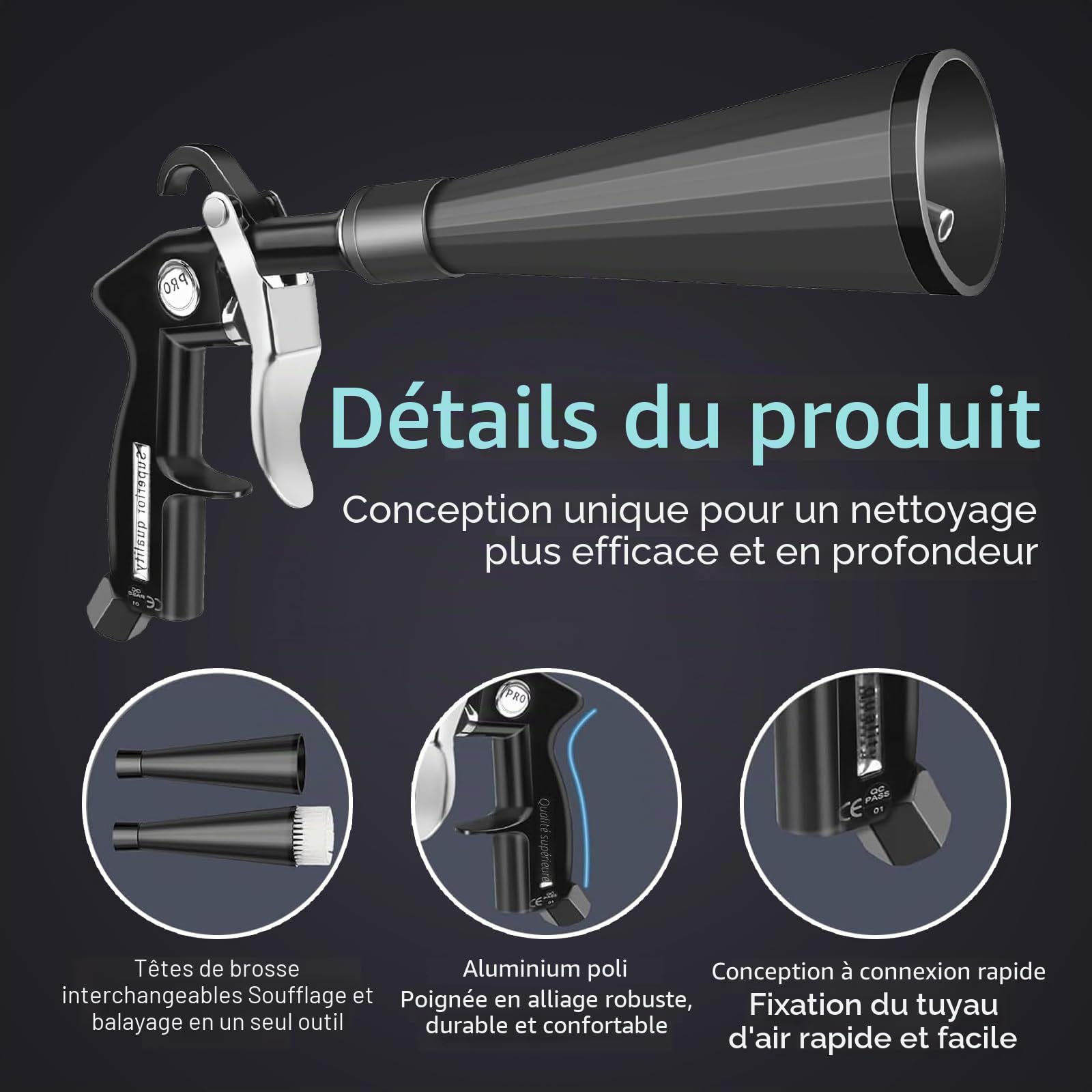 Pistolet de Nettoyage à Air Comprimé pour Auto - Souffleur Haute Pression avec 2 Buses pour Sécher et Nettoyer - Pour Sièges, Moteur, Jantes et Habitacle - Élimination Rapide de Saleté et Poussière