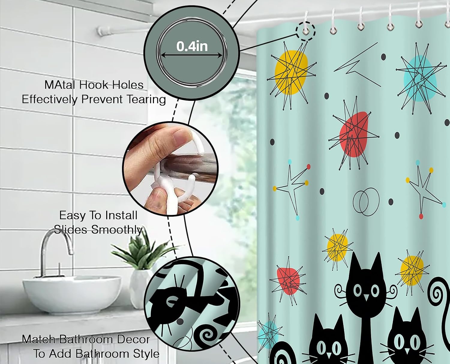 Mid Century Modern Shower Curtain Funny Black Cat Sputnik Retro Abstract Geometric 1950s 1960s Vintage Minimalist Bathroom Decor Curtain with Hooks,