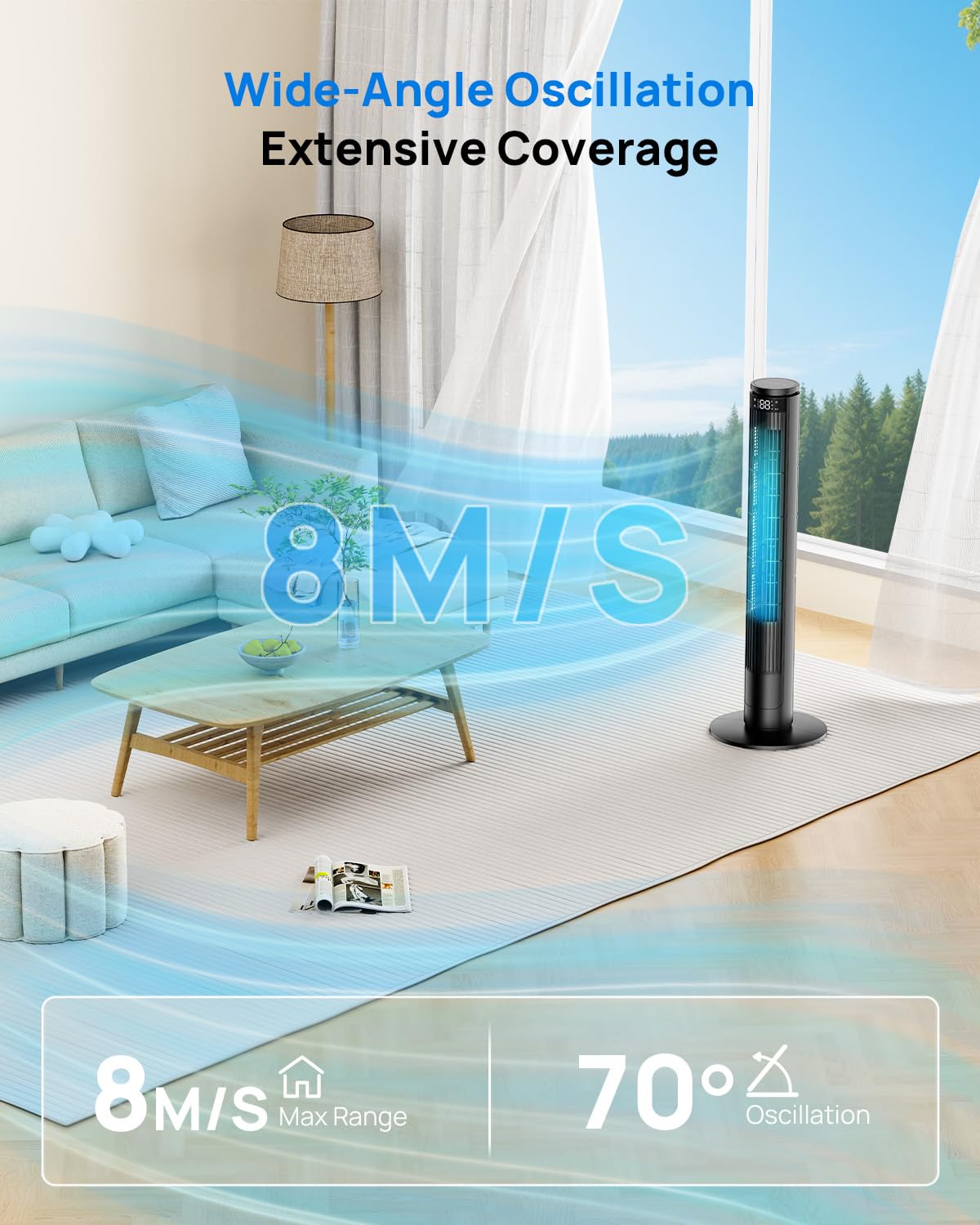 Ventilateur Colonne Silencieux, Ventilateur Tour avec Télécommande & Écran LED, 5 Modes Intelligents & 6 Vitesses, Oscillation 70°, Minuterie 12H, Mode ÉCO Économe – Idéal pour Salon, Chambre, Bureau