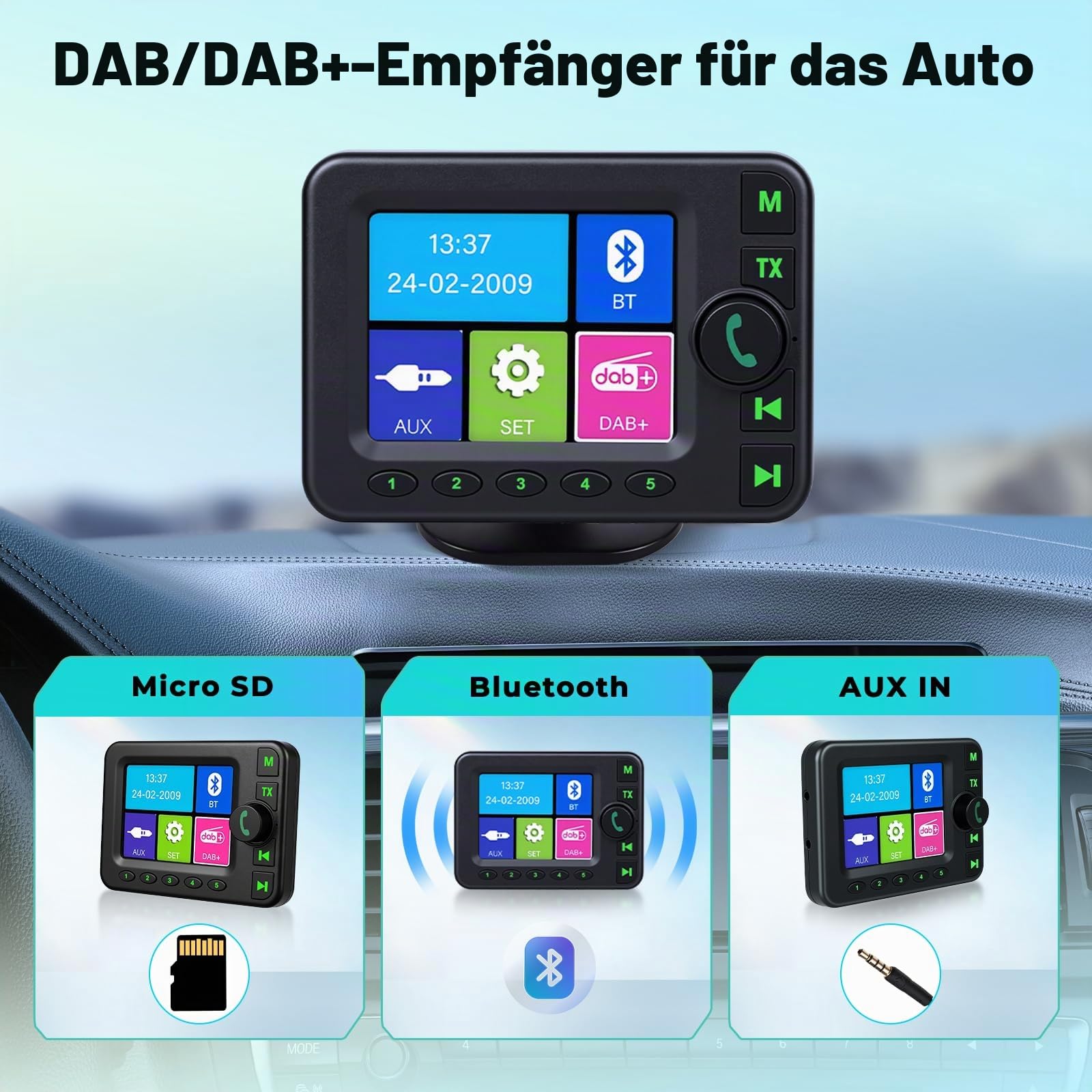 Roinvou Tragbarer Dab Adapter für Autoradio mit 2,8-Zoll-LCD-Display, Kleiner Digitalradio-Adapter mit Freisprecheinrichtung, Bluetooth, AUX-in, FM-Transmitter, Dab Digital, Radio