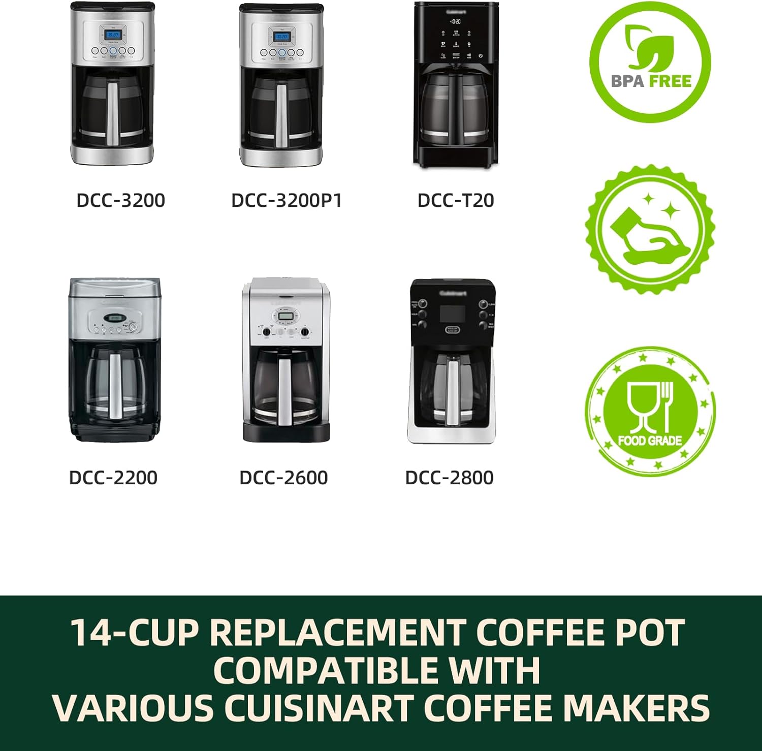 Ugotit 14 Cup Coffee Carafe Replacement Compatible with Cuisinart Coffee Maker Models DCC-3200, DCC-3200P1, DCC-2200, DCC-2600, DCC-2800, CBC-7000PCFR and DCC-2200RC, Glass Coffee Pot with Lid