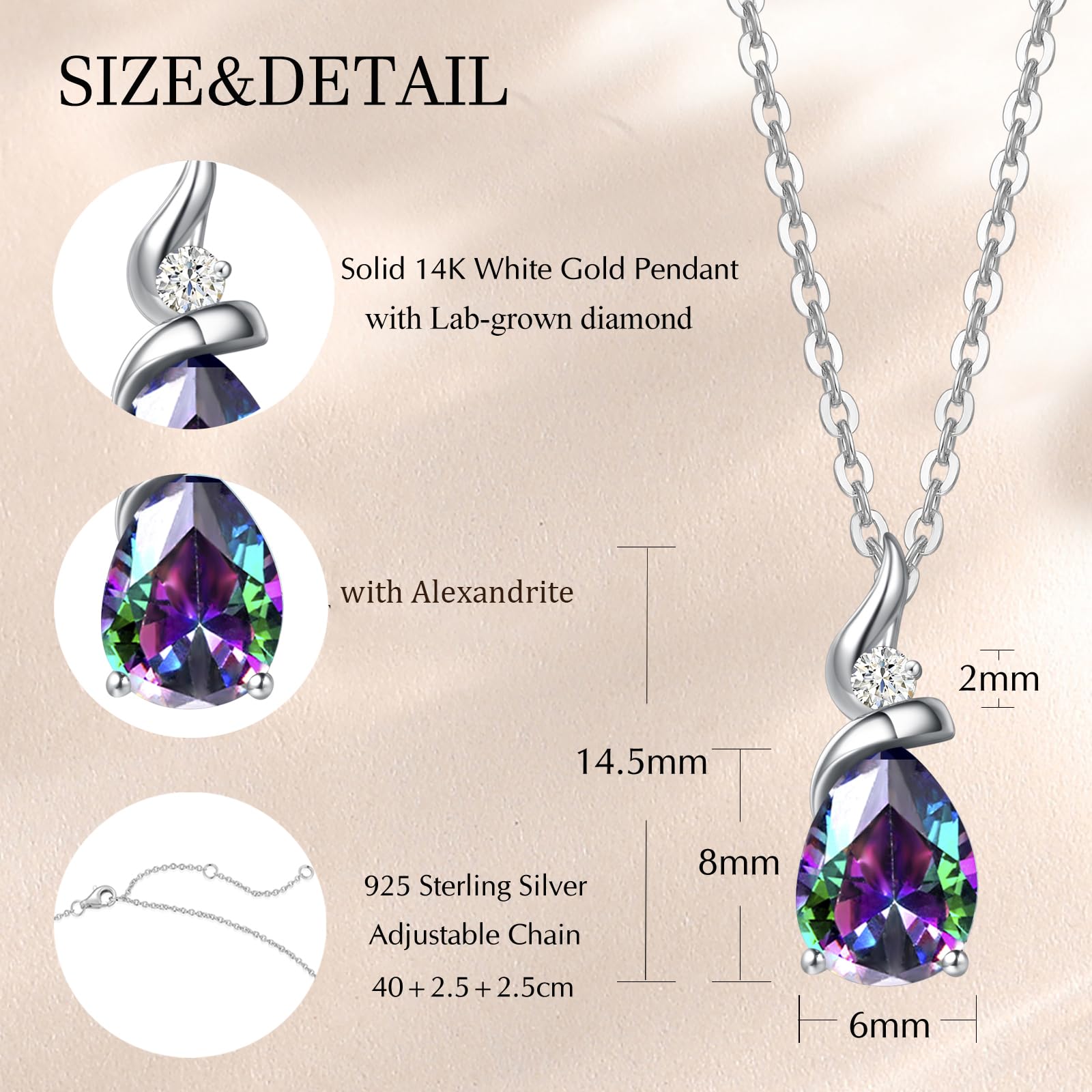 Collana Donna Goccia con Oro Bianco 14 carati Ciondolo e Argento 925 Catena con Zaffiro/Smeraldo/Rubino/Acquamarina/Ametista/Granato/Peridotite/Topazio/Opale/Citrina e Diamanti Naturale Gioielli