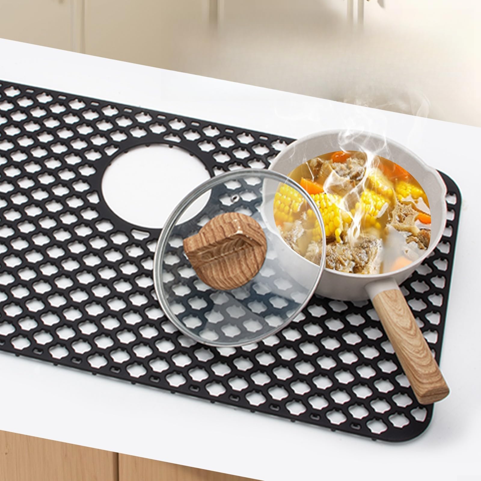 Tappetino in silicone per lavello da 66 cm, con fori di scarico integrati, antiscivolo, scolapiatti da cucina e da bagno, colore nero