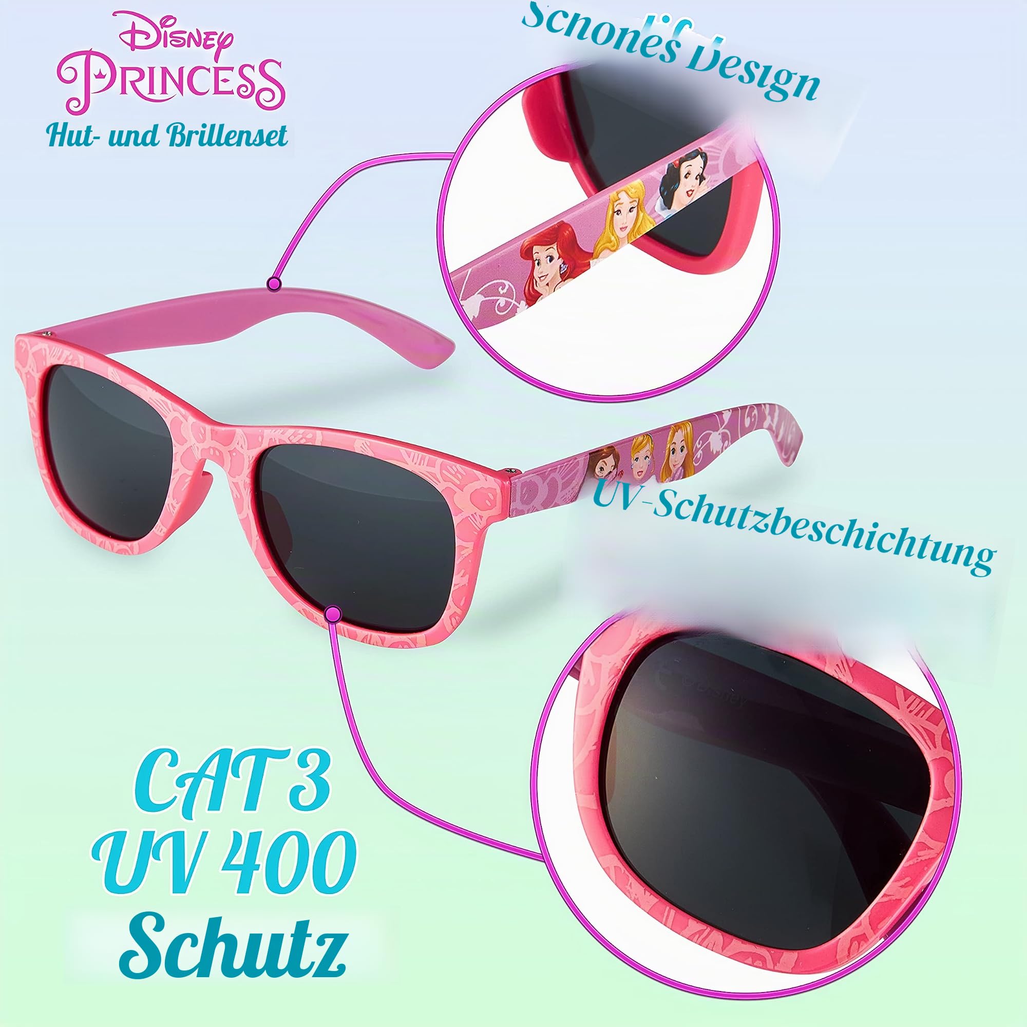 Disney Basecap Kinder Mädchen, Sonnenhut Kinder und Sonnenbrille Set, Prinzessinnen Kappe Mädchen ab 3 Jahren, Einheitsgröße