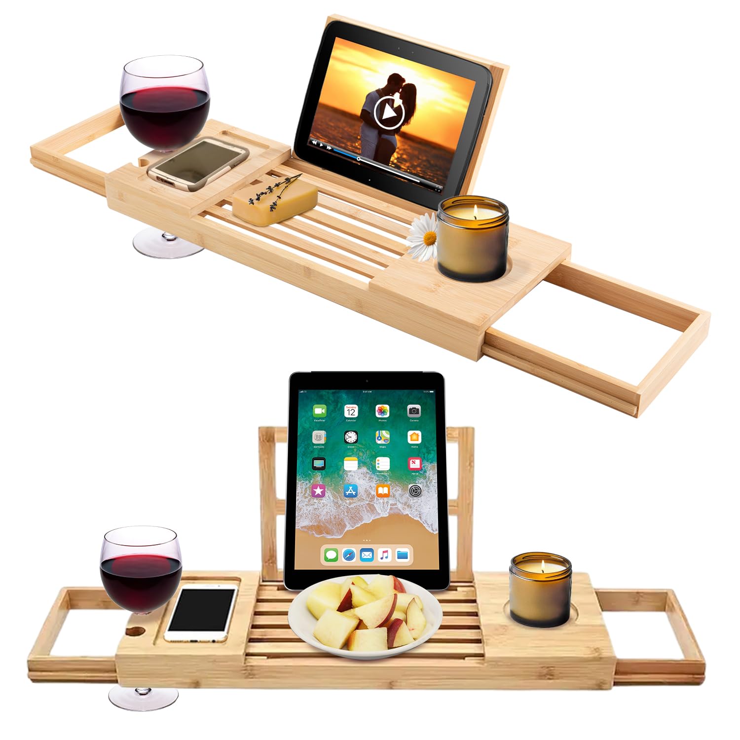 Alex Nash Extendable Bamboo Bath Tray – Adjustable Over-the-Bath Caddy for Wine, Candles, Books & Tablet – Eco-Friendly Bath Tub Rack for Spa Nights & Self-Care | 50–92cm
