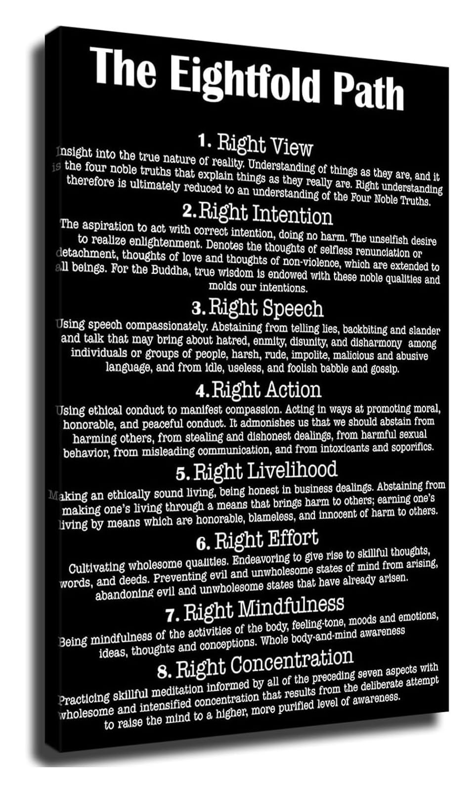 ZDVHOMCB Yoga Studio Decor The Eightfold Path Poster Buddhist Philosophy Quote Mindfulness Wall-Art for Home Space Framed,08x12inch(20x30cm)
