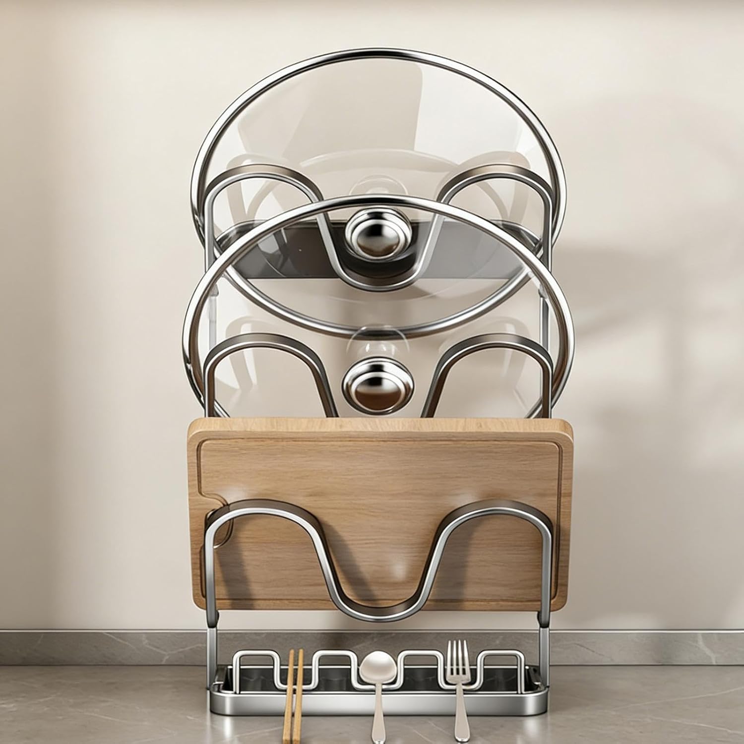 Kitchen Lid Holder - Three Tier Metal Rack, Countertop Organizer For Pots Lids Storage, Rust Resistant Stable, Space Saving Cookware Organizer, Home Apartment Dorm RV Restaurant Cabinet