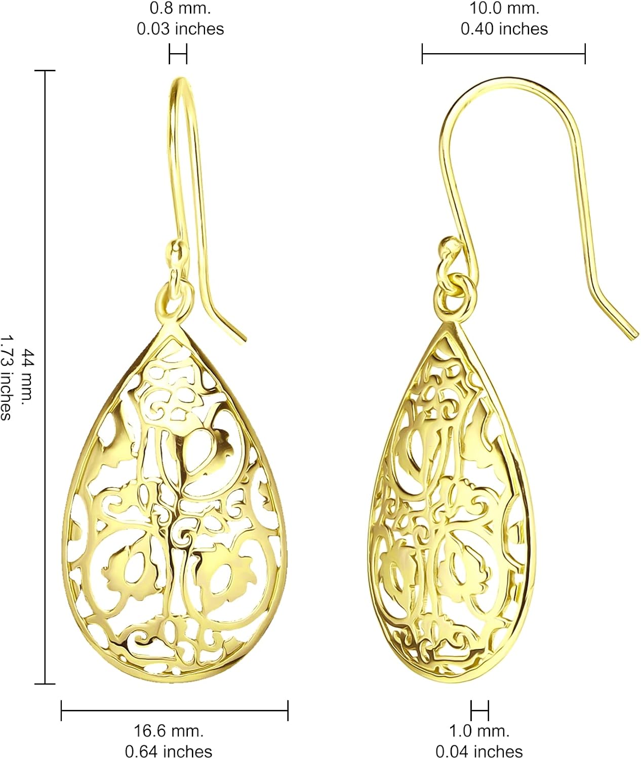 Hoops & Loops 925 Sterling Silver Teardrop Filigree Dangle Hook Earrings for Women, Silver, Yellow and Rose Gold Flashed Sterling Silver - Image 6