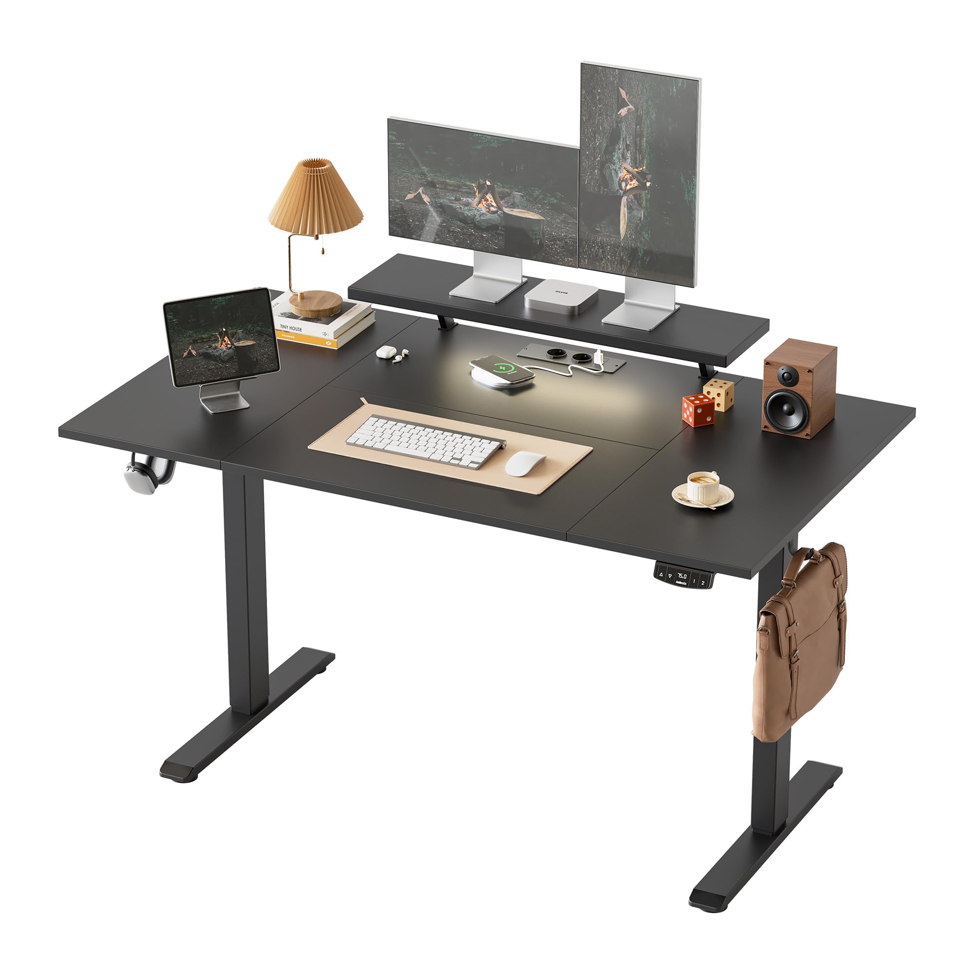 Klicelor Höhenverstellbarer Schreibtisch mit LED&Steckdosen, 140x80cm, Beweglicher Monitorständer für Gaming und Büro, Standing Desk mit 4-teilige Tischplatte, Schwarz