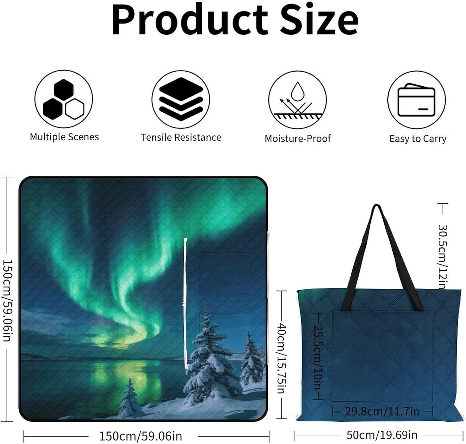 Polar Lights Picnic Blanket with Zipper Water Resistant Sand Free Picnic Mat Washable Foldable Easy Carry Beach Blanket for Lawn Beach Hiking Camping