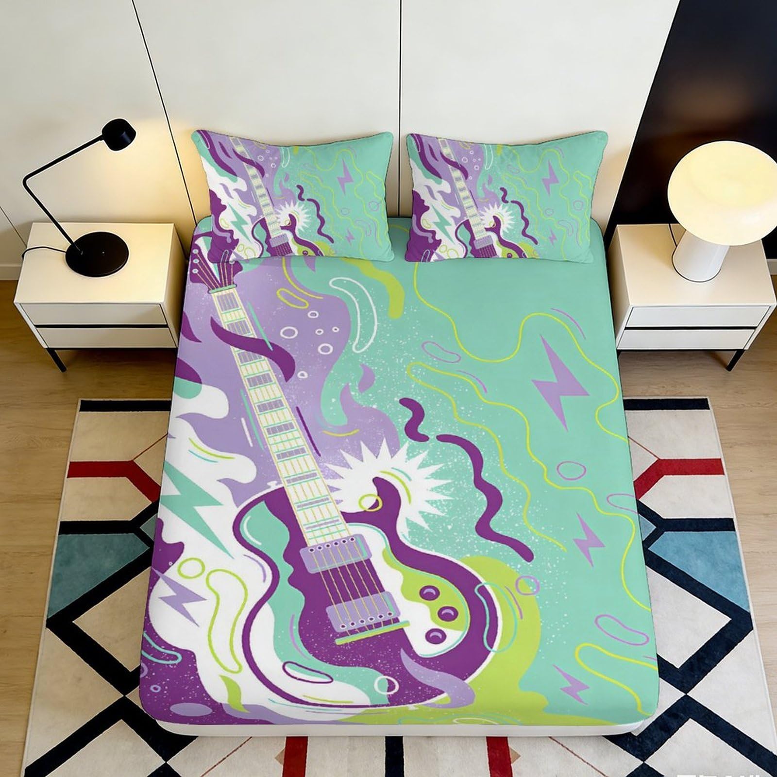 3D Printed Electric Guitar Fitted Sheet Microfiber Vibrant Music Art Mattress Cover for Bedroom Dorm Decor 90x200x25cm
