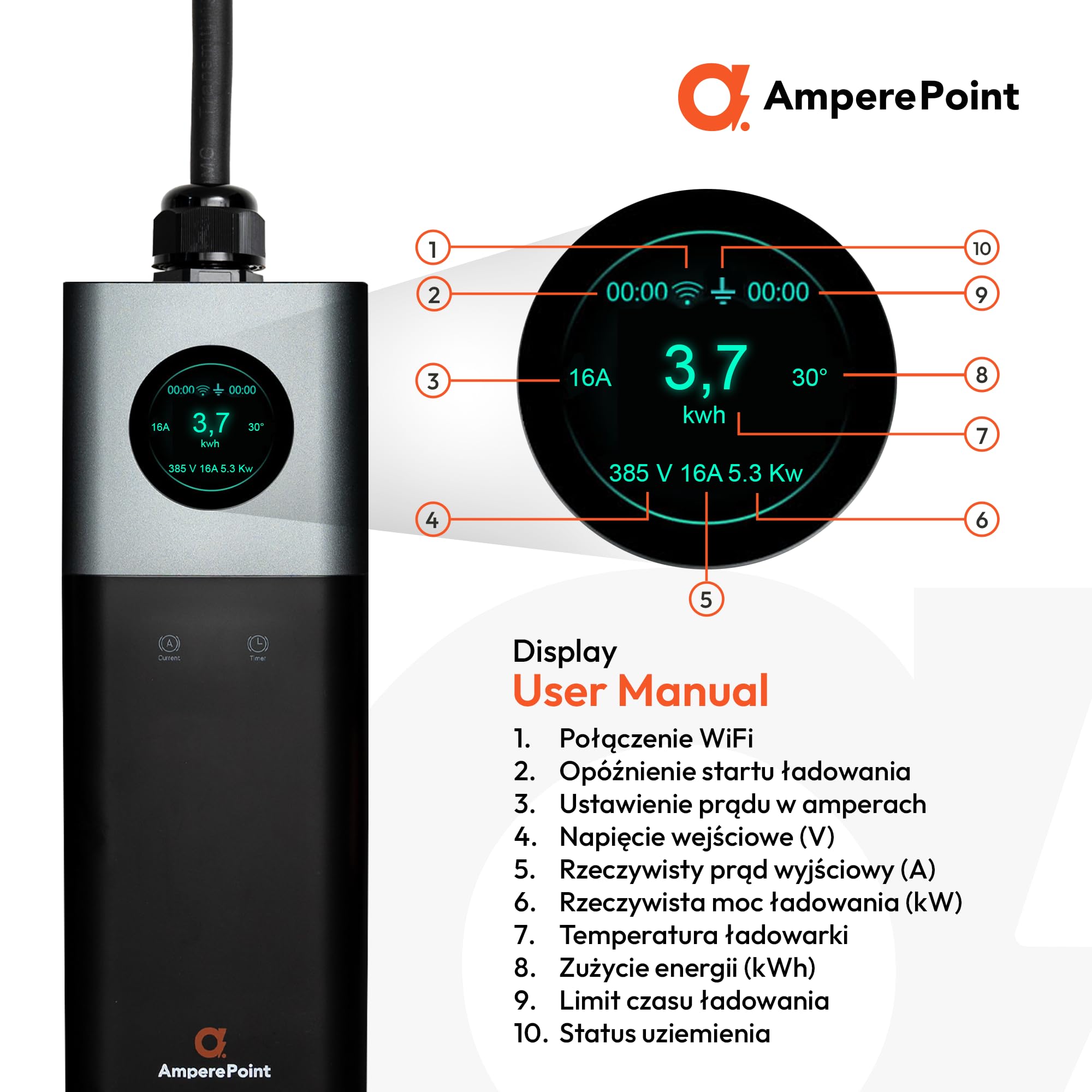Przenośna ładowarka EV 3,7 kW 16 A typ 2 kabel 7,5 m Schuko 230 V Wi-Fi LCD