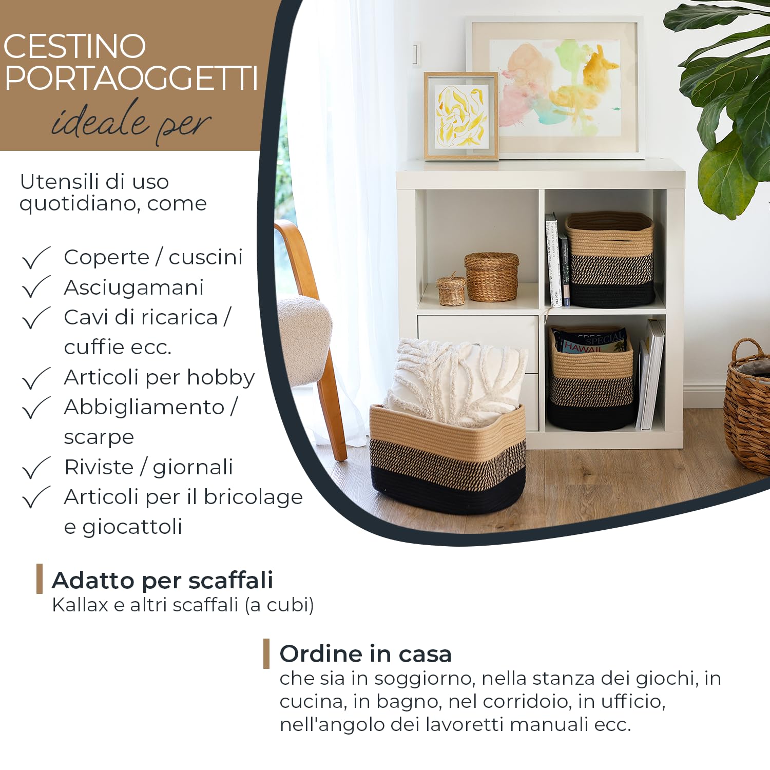 HMF - Cesto portaoggetti con maniglie nascoste, set di 3, cesto in cotone, dimensioni: 37,5 x 25 x 22,5 cm, colore: nero miele