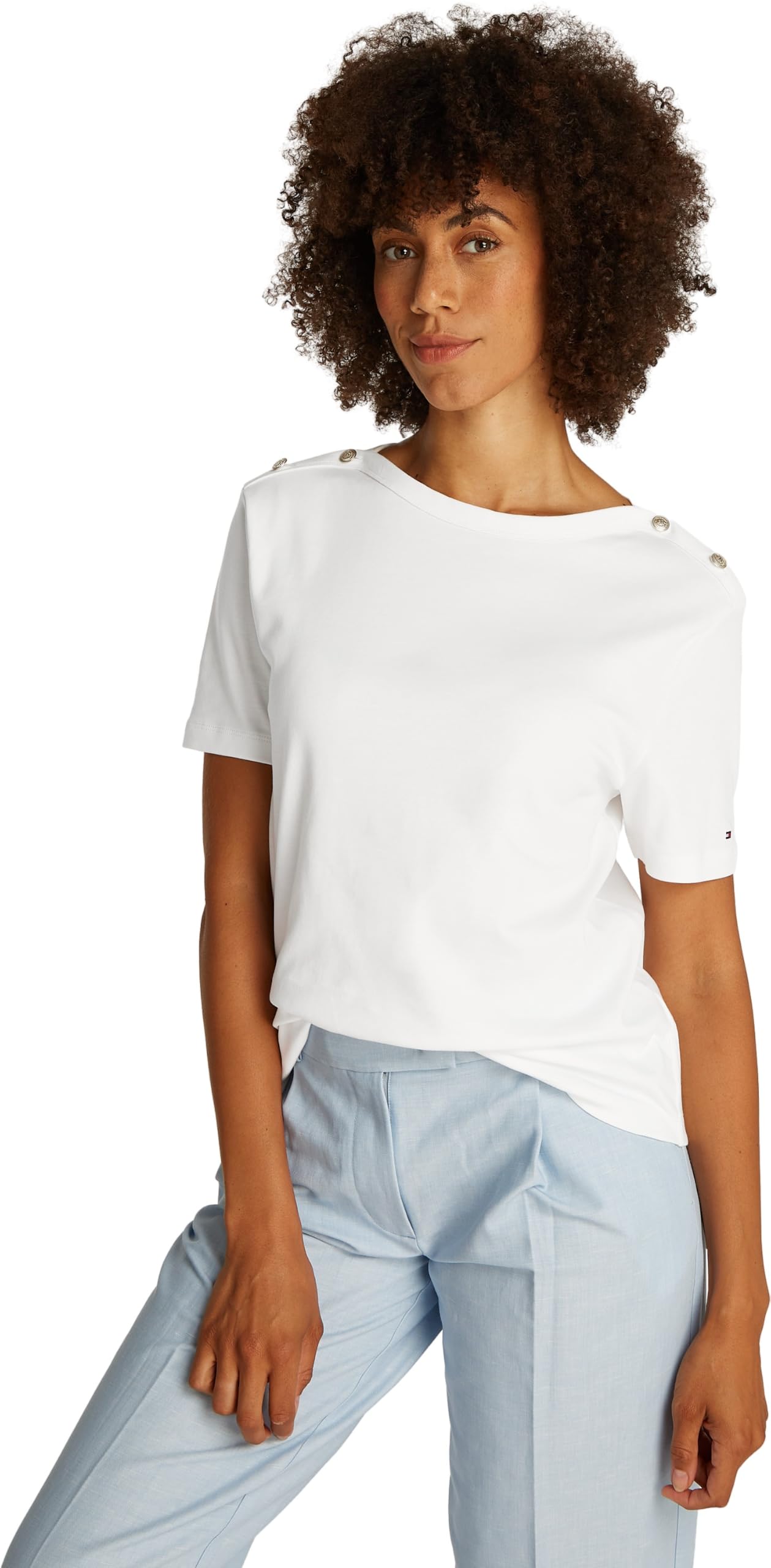 Tommy Hilfiger Damen T-Shirt Kurzarm Stripe Gold mit Knöpfen