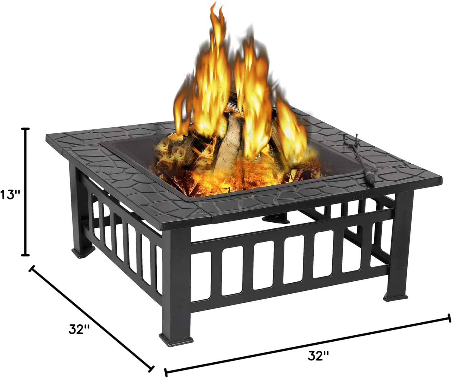 ZENY 32" Outdoor Fire Pit Square Table Metal Firepit Table Backyard Patio Garden Stove Wood Burning Fireplace w/ Waterproof Cover, Spark Screen and Poker