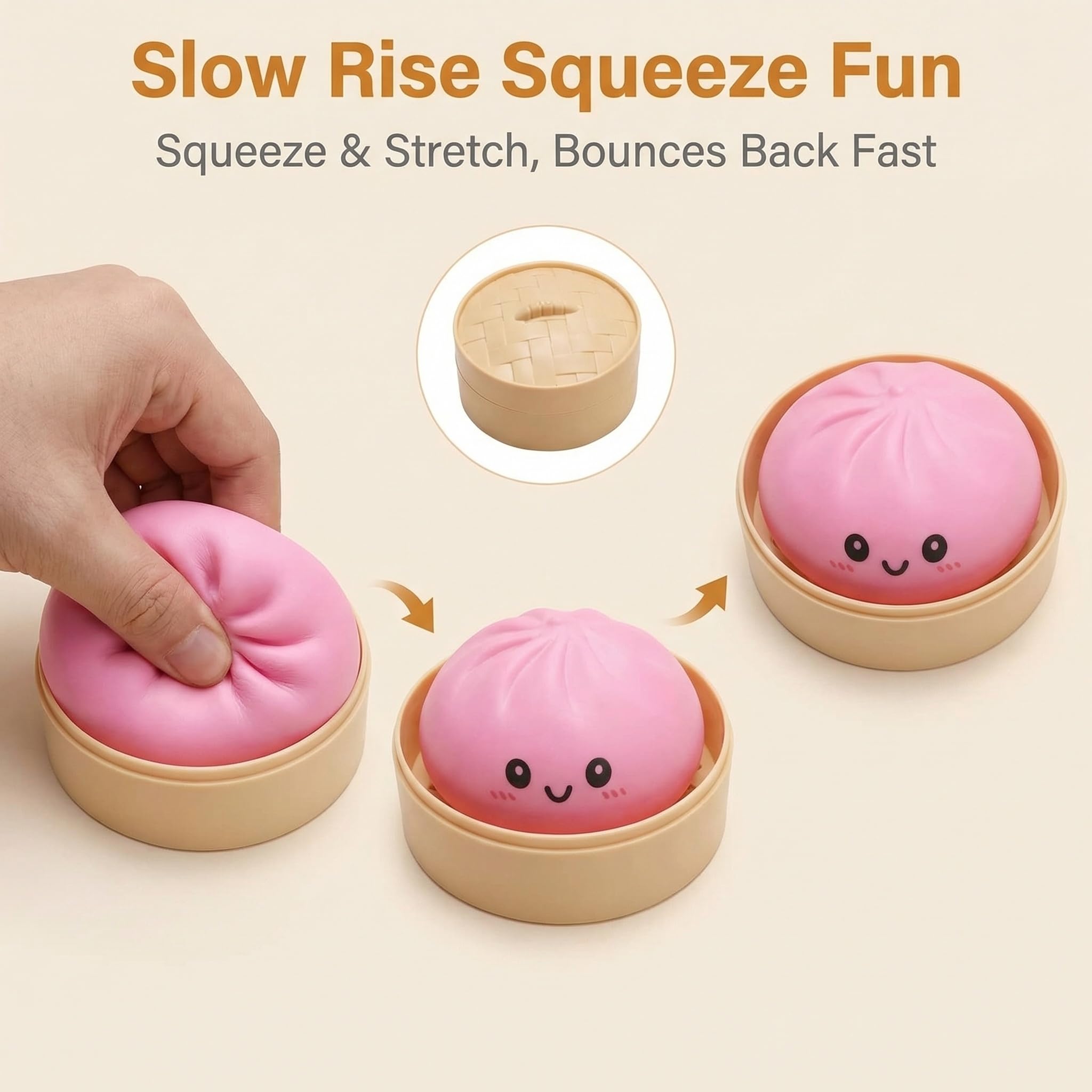 Dumpling Squishy,Squishy Dumpling Toy, Glitter Dumplings with Steamer Box, Cute Anxiety Relief Fidget Toy, Soft Squeeze Decompression Dough for Adults Teens & Kids (Pink) — view 4