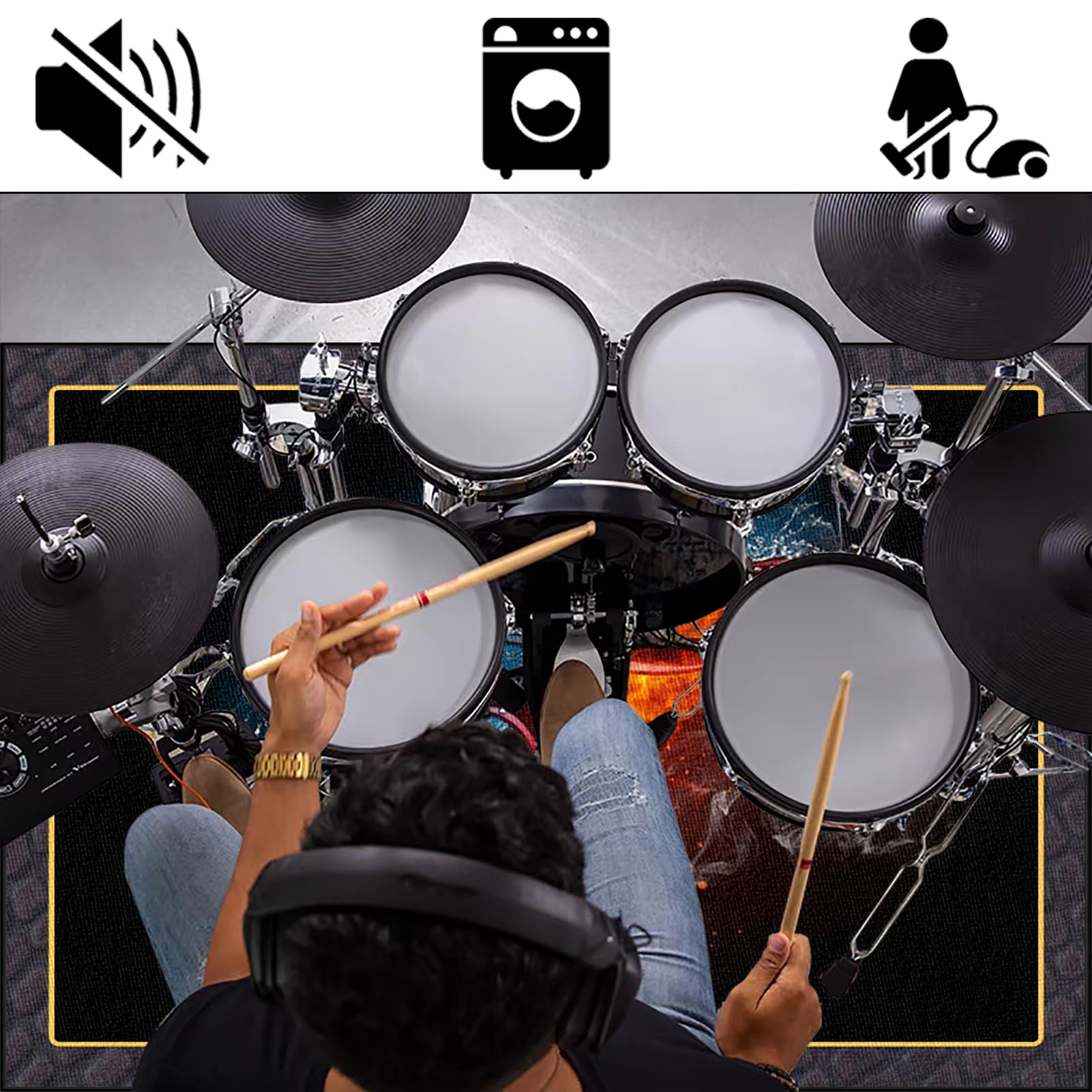 Drum Teppich rutschfeste Schlagzeugteppich Schallschutz Teppich Matte, Elektronisches Schlagzeug Rug, Professionelles Schallschutzmatte, Dicht Gewebter Oberfläche Zubehör für Drum Kit 160 x 140 cm