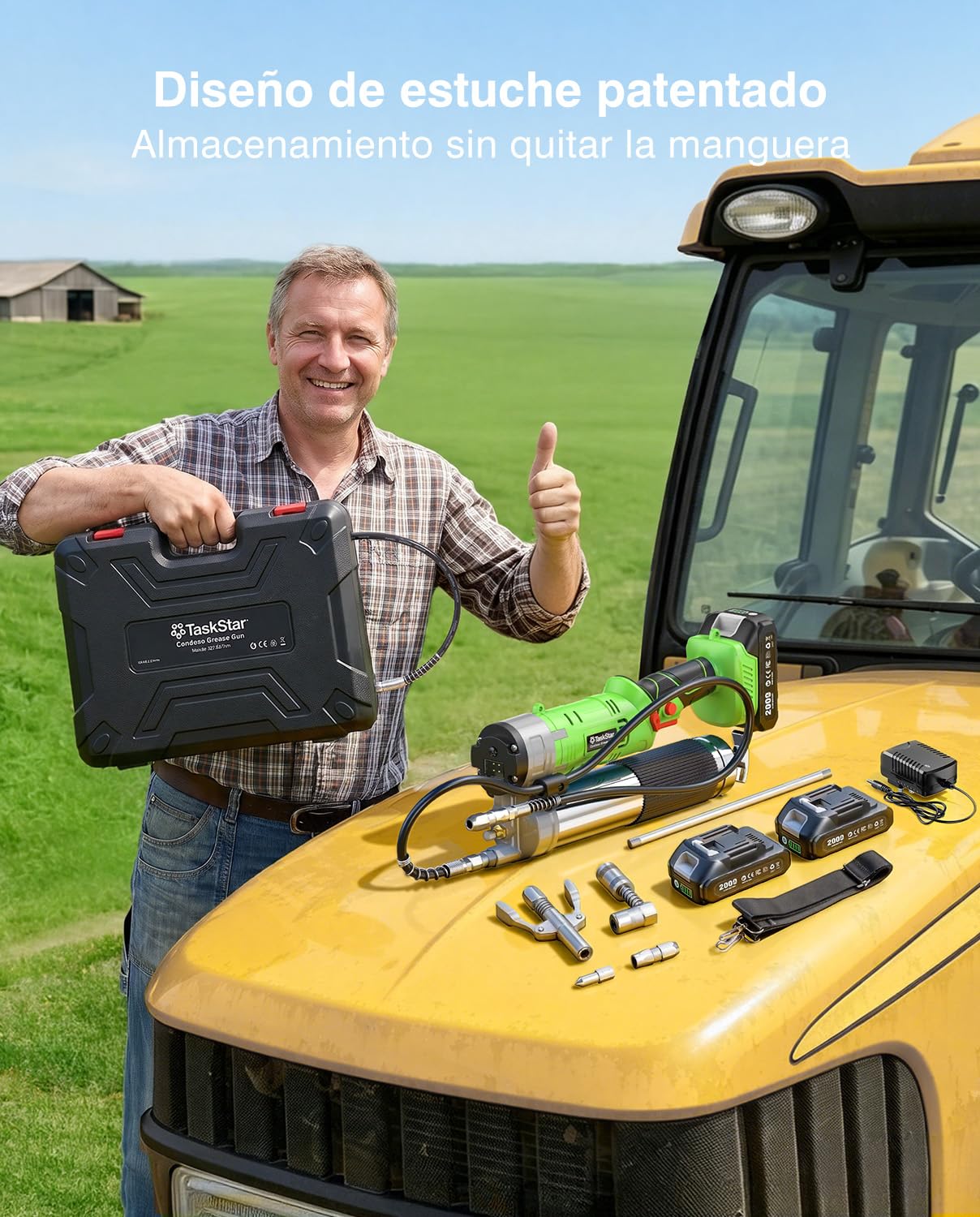 TaskStar 12000 PSI Engrasadora Batería: Kit de engrasadora 2 en 1 con 2 baterías, Manguera de 122 cm, acoplador de liberación rápida, Adaptador de 90°, luz LED, Ideal para Uso Industrial y agrícola