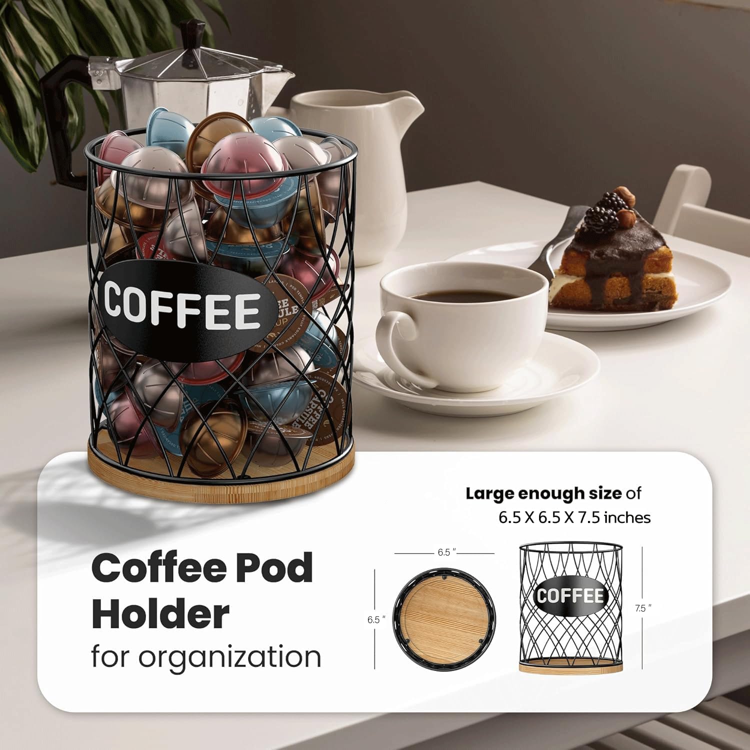 Coffee Pod Holder for K Cups – K Cup Organizer with Metal Wire and Bamboo Base, Large Capacity Coffee Pod Storage for Countertop, Coffee Bar or Kitchen, Pod Holder for K-Cup Style Capsule