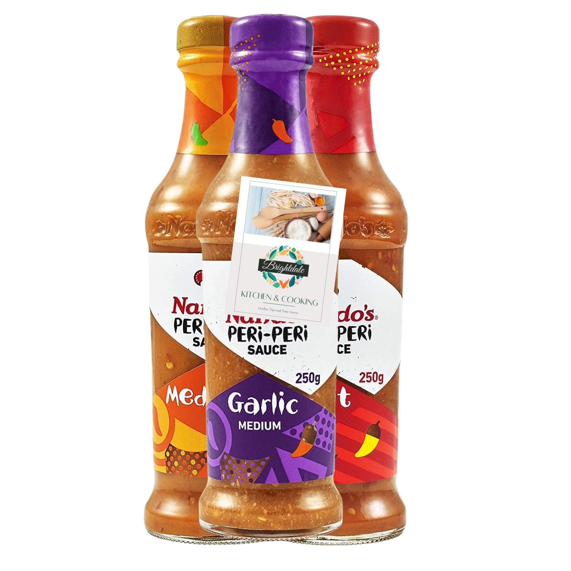 Assorted Sauce Bundle with Nando's Peri-Peri Hot, Medium and Garlic 250g each + Brightdale Kitchen Booklet