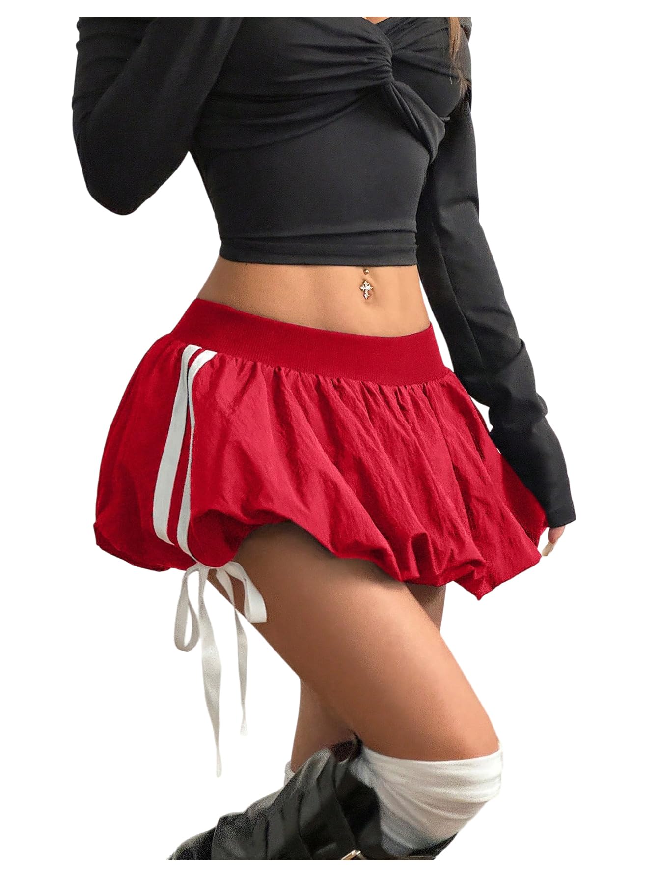 SHENHE Womens Y2k Bubble Skirt Side Striped Bow Mini Skirt Low Rise Puffer Micro Skirt