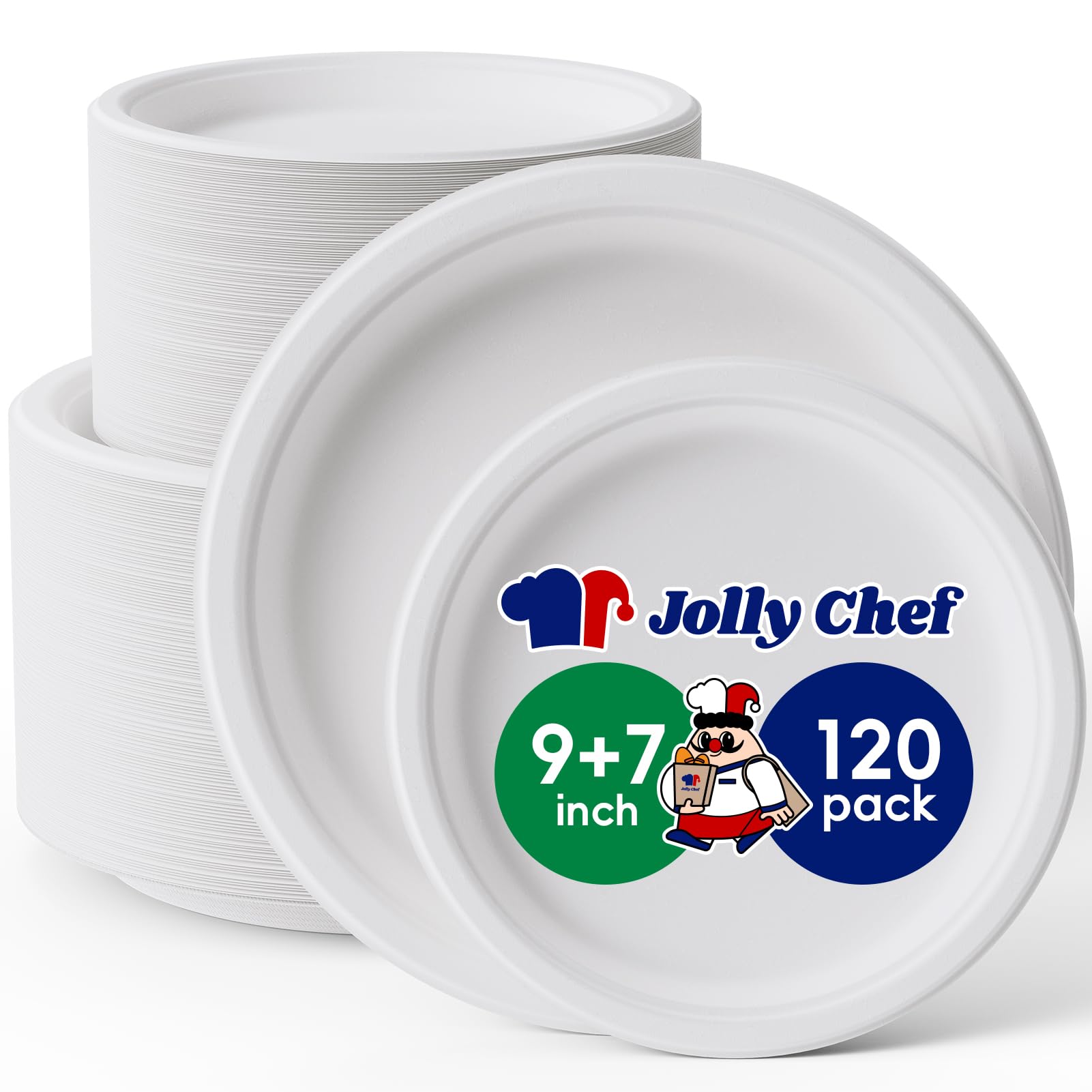 JOLLY CHEFCompostable Heavy Duty Plates 𝟳 𝗶𝗻𝗰𝗵 𝗮𝗻𝗱 𝟵 𝗶𝗻𝗰𝗵 [𝟭𝟮𝟬 𝗣𝗮𝗰𝗸] Eco-Friendly Disposable Paper Plates Bagasse Biodegradable Sugarcane Fibers Round Bulk for Party Dinner(White)