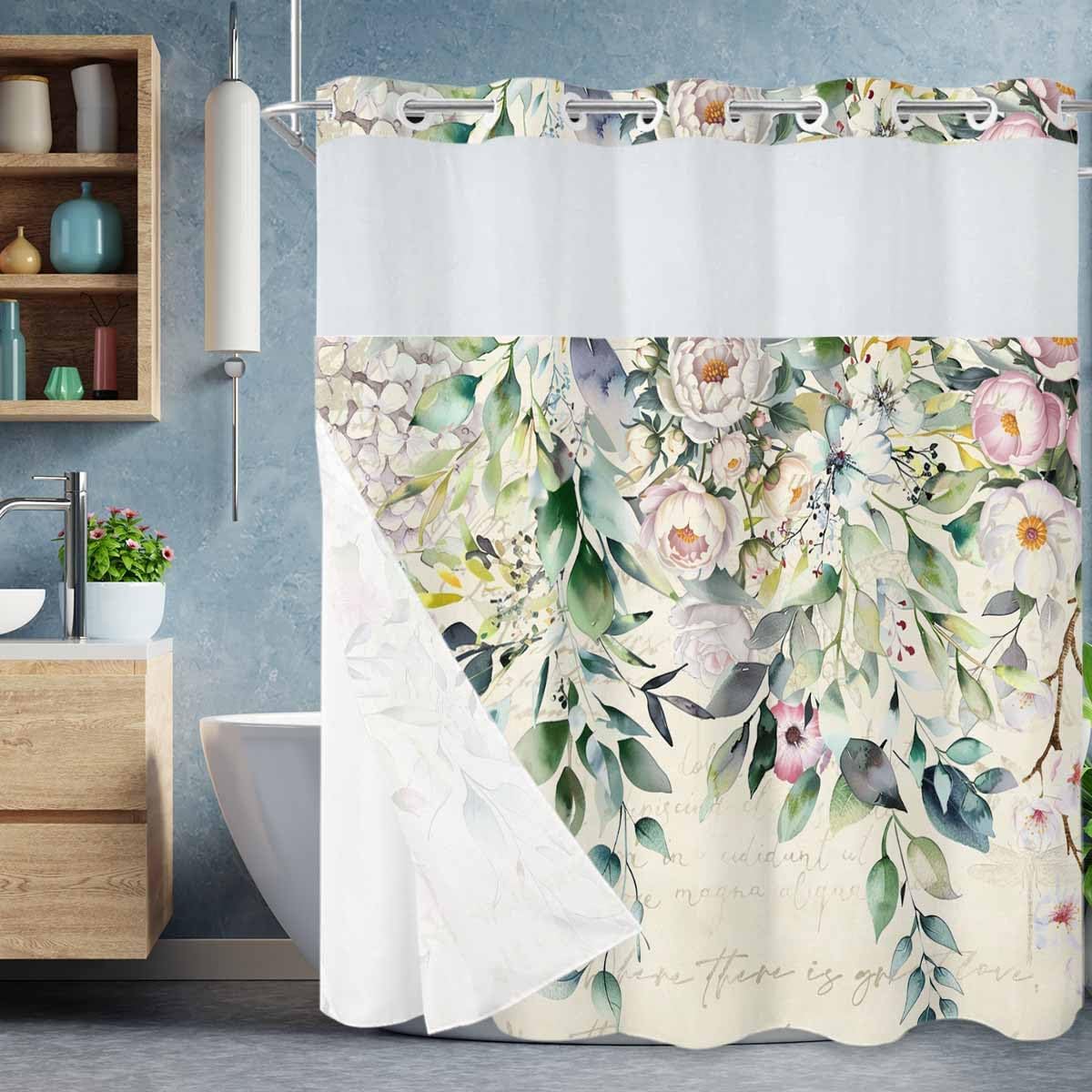 Botanical No Hook Shower Curtain with Snap in Liner Waterproof Fabric Shower Curtain Set for Bathroom Farmhouse Spring Plants Flowers Retro Lettering Background Shower Curtain with Sheer Top72"x72"