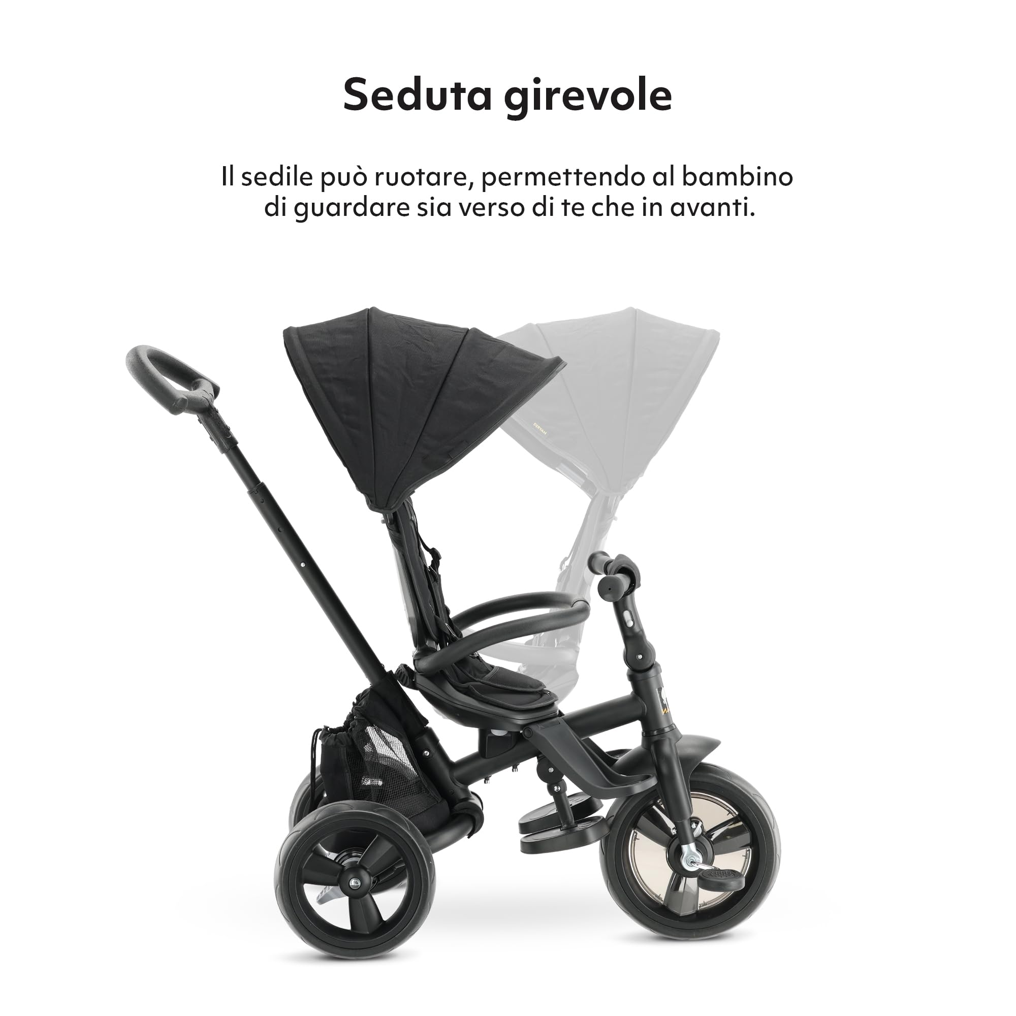 Deryan Explorer Triciclo da 9 Mesi fino a 25 kg – Triciclo per Bambini con Maniglione di Spinta – Sedile Girevole – Tettuccio Estensibile con Protezione Solare – Nero