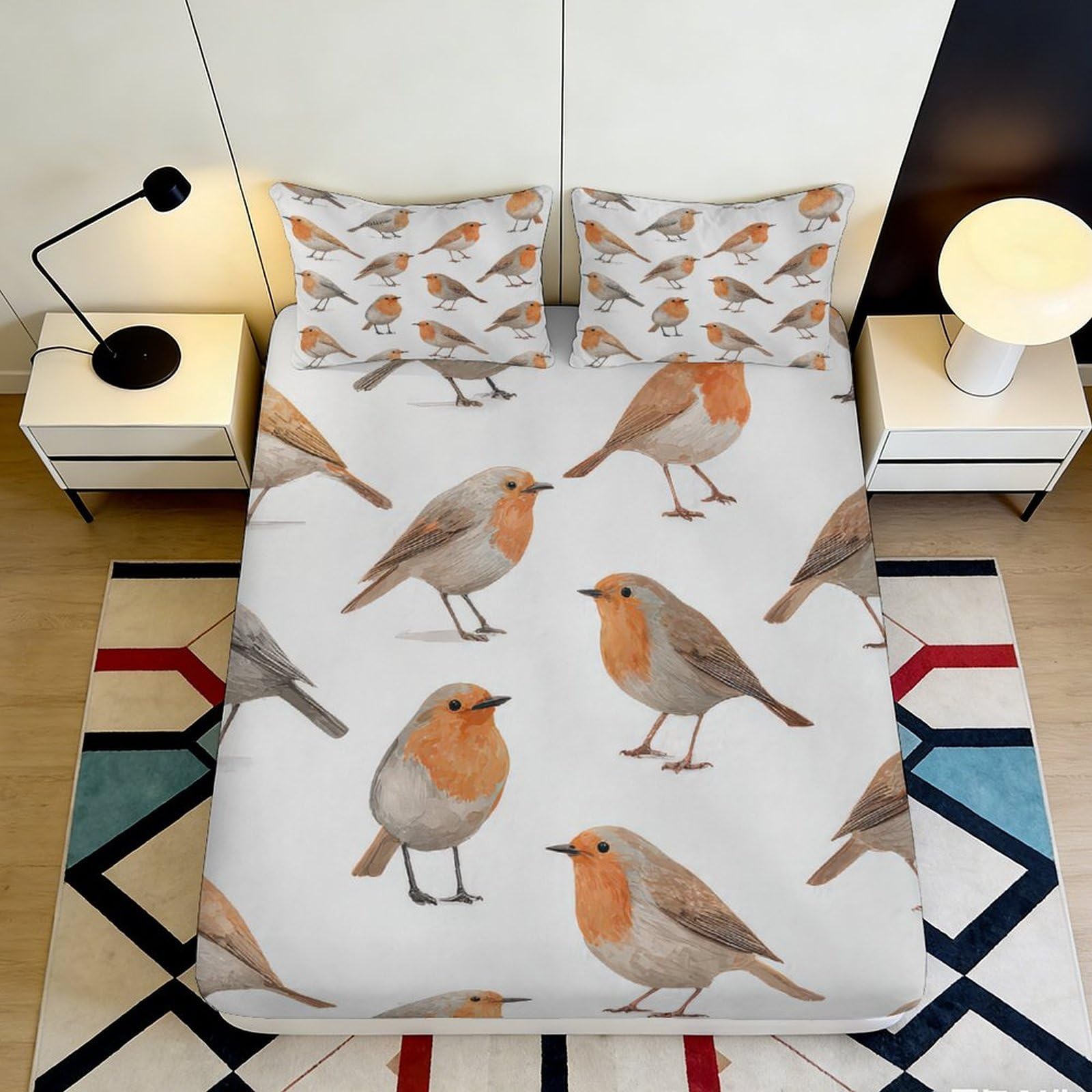 3D Printed robin bird fitted sheet for bedroom, soft touch microfiber bed cover, wrinkle resistant, home decor, apartment bedding, easy care, 115 chars 90x200x25cm