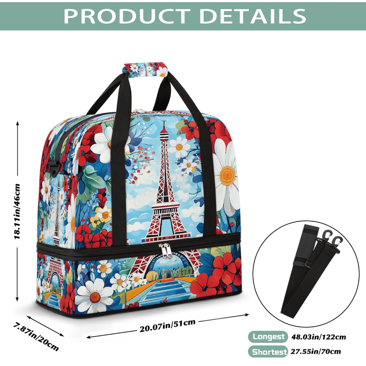 Borsone da viaggio pieghevole con motivo Torre Eiffel di Parigi, borsa da palestra espandibile con scomparto per scarpe, grande capacità, borsa da weekender, per viaggi, sport, viaggi notturni