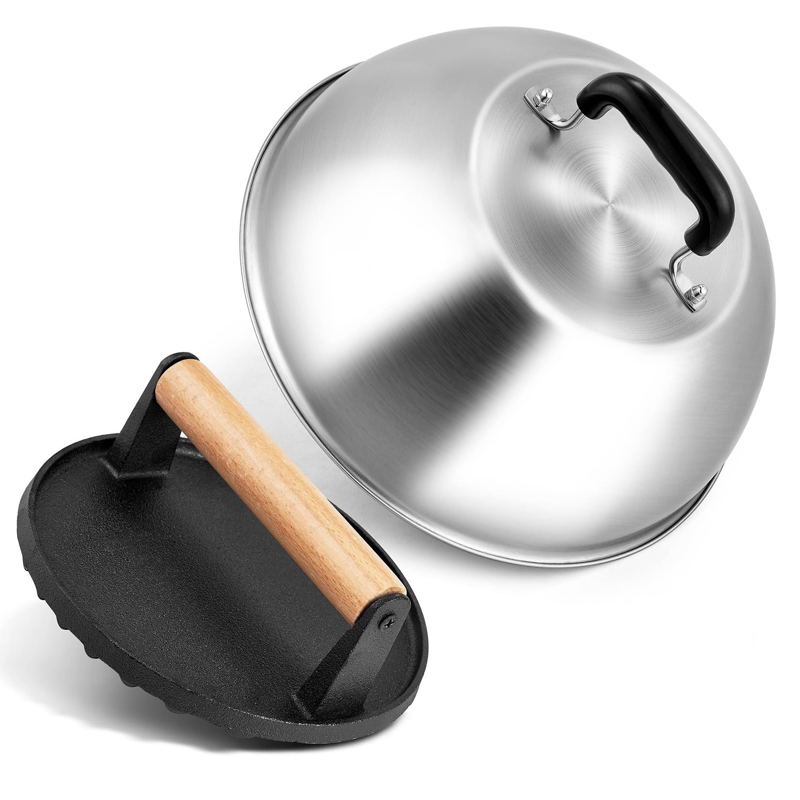Joyfair 30,5 cm Schmelzkuppel & 17,8 cm Burgerpresse Kit, Backabdeckung mit Gusseisen-Grillpresse für Käse, Burger, Speck, robustes Grillzubehör für Outdoor-Grillen, flache Oberseite,