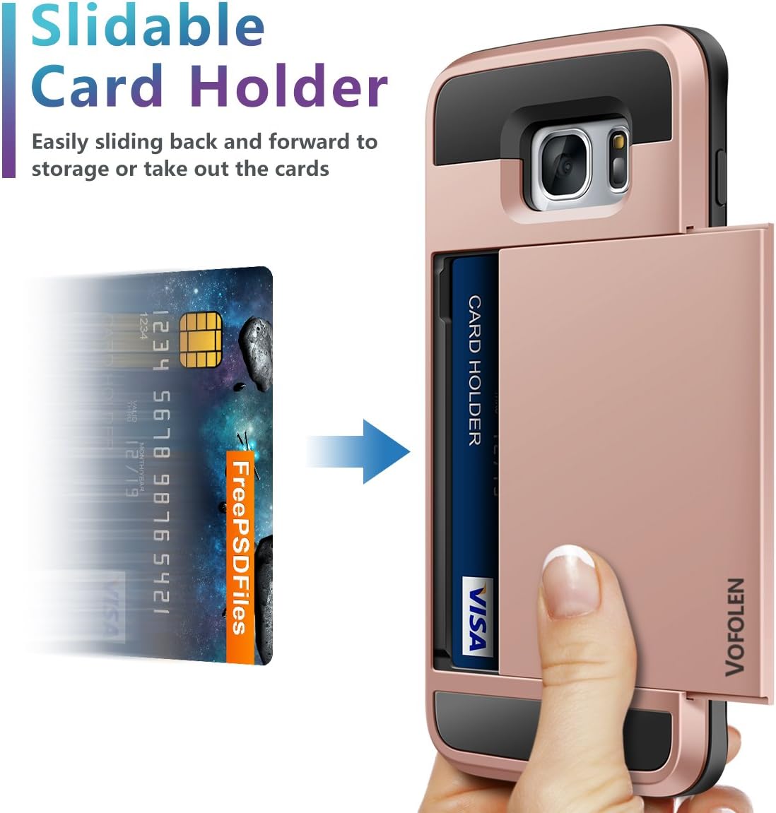 Vofolen Case for Galaxy S7 Edge Case Slidable Card Holder S7 Edge Wallet Case Hybrid Protective Shell Shockproof Rubber Bumper Armor Scratch-Proof ID Card Slot Case Cover for Galaxy S7 Edge Rose Gold