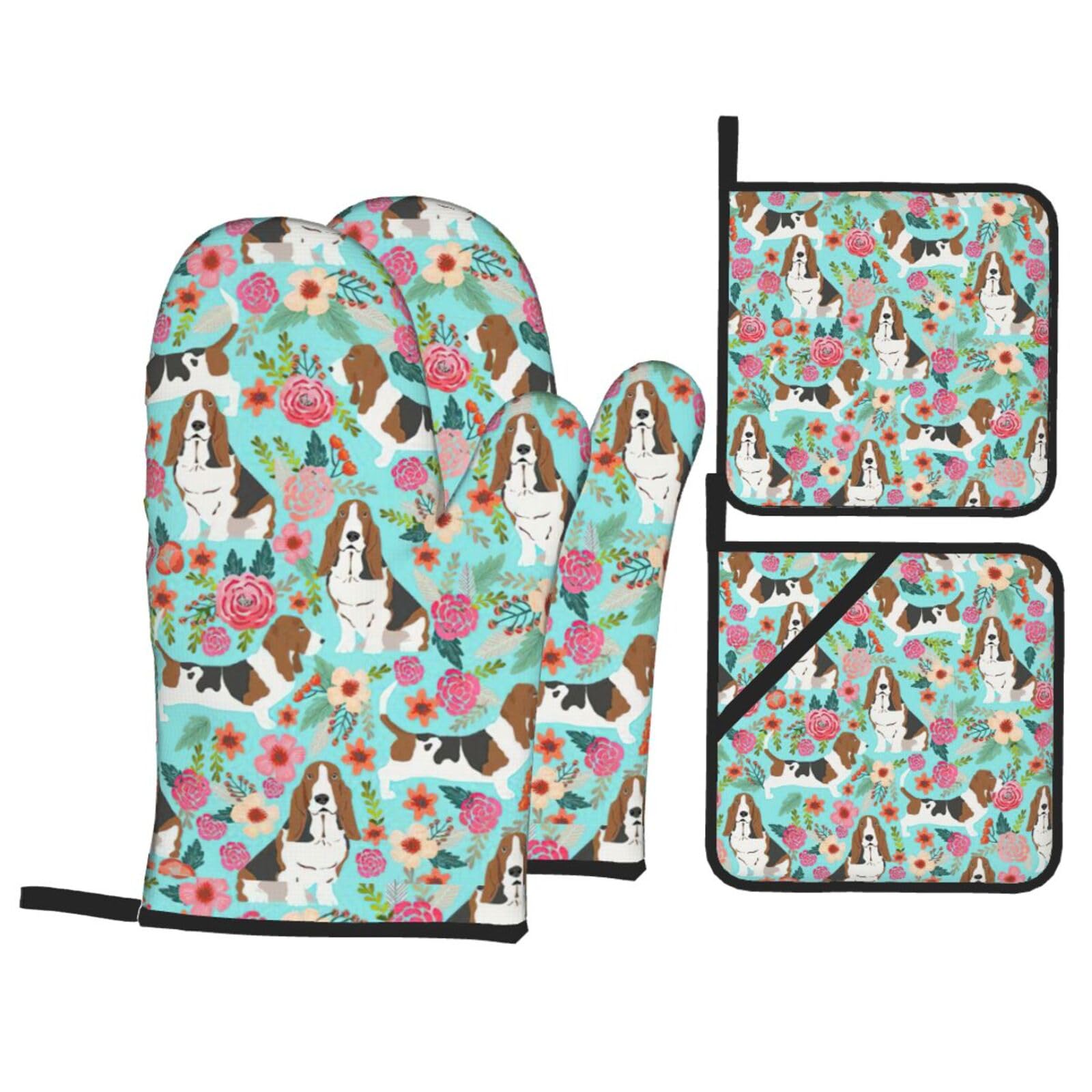 Sweet Basset Hound Florals Print Kitchen Oven Mitts And Pot Holders Set,Hanging Loop Design For Cooking Baking Bbq
