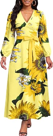 FANDEE Maxi Dresses for Women Bubble Sleeve V-Tie Pocket Dress Suitable for Parties Afternoon Tea Wedding Guests